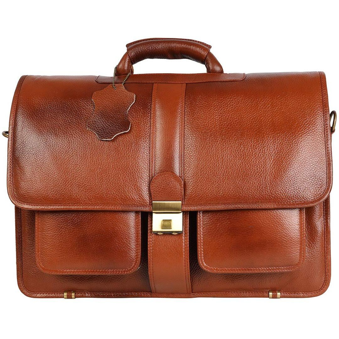 Hyatt Leather Accessories The Lorenzo 24 Liter's Capacity Leather Laptop Briefcase Office Bags For Men L-45.7 X H-35.6 X W-15.2 Cm (Tan)