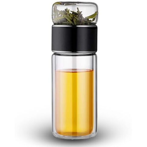 Kitchantique 420Ml Double-Layered Insulated Glass Tea Infuser Bottle | Tea & Water Separation Design For Loose Tea, Detox, & Fruit Water | Portable Glass Cup For Travel, Camping & Gifting