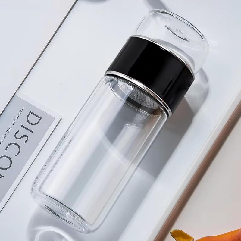Kitchantique 420Ml Double-Layered Insulated Glass Tea Infuser Bottle | Tea & Water Separation Design For Loose Tea, Detox, & Fruit Water | Portable Glass Cup For Travel, Camping & Gifting