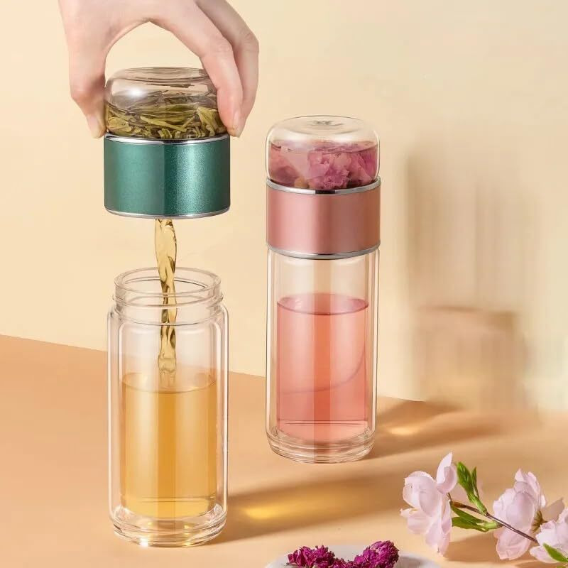 Kitchantique 420Ml Double-Layered Insulated Glass Tea Infuser Bottle | Tea & Water Separation Design For Loose Tea, Detox, & Fruit Water | Portable Glass Cup For Travel, Camping & Gifting