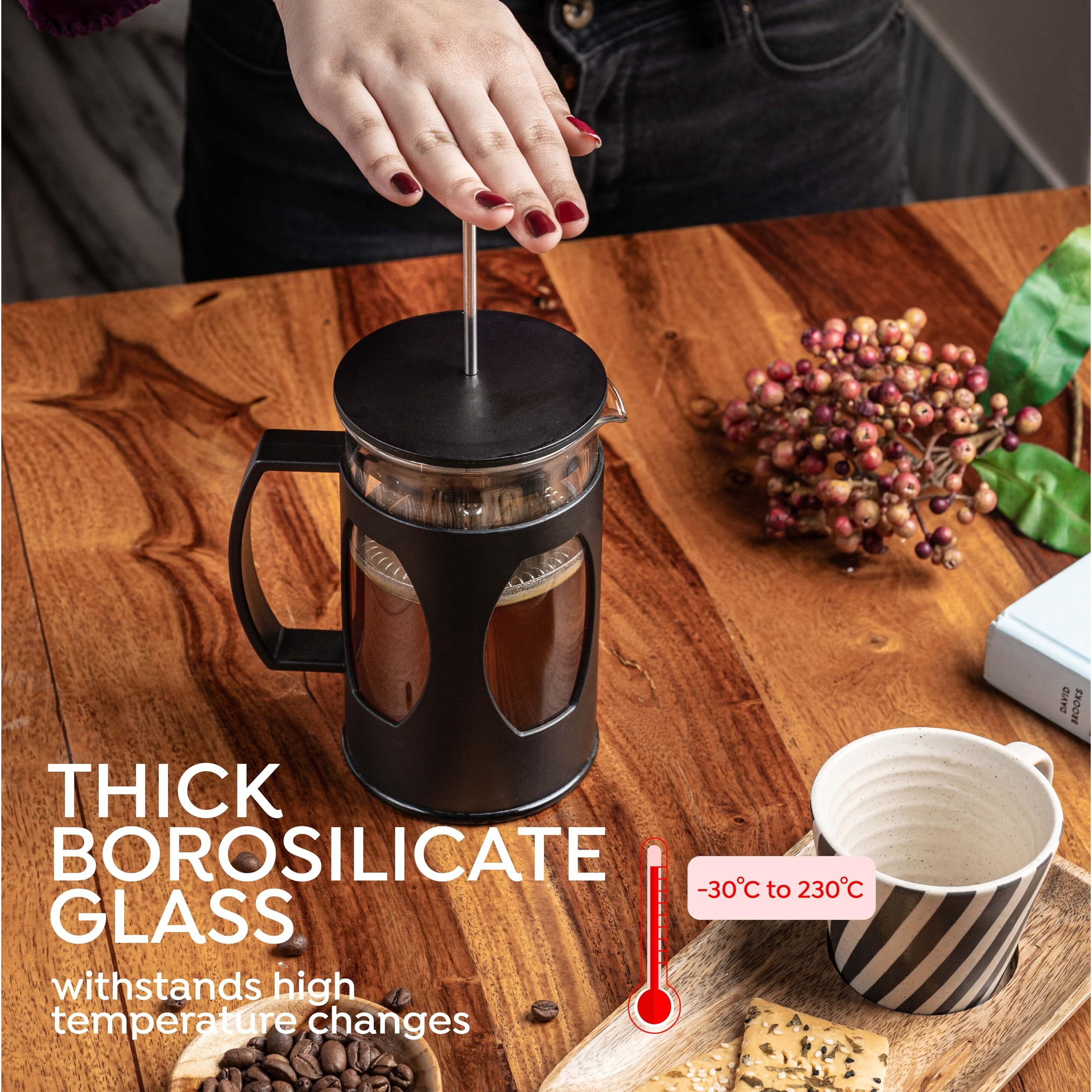 Sipologie Classic French Press Coffee Maker With 4-Level Filtration And Premium Heat Resistant Borosilicate Glass - Compact And Durable Filter Coffee Maker, Tea Maker - 600Ml Coffee Press