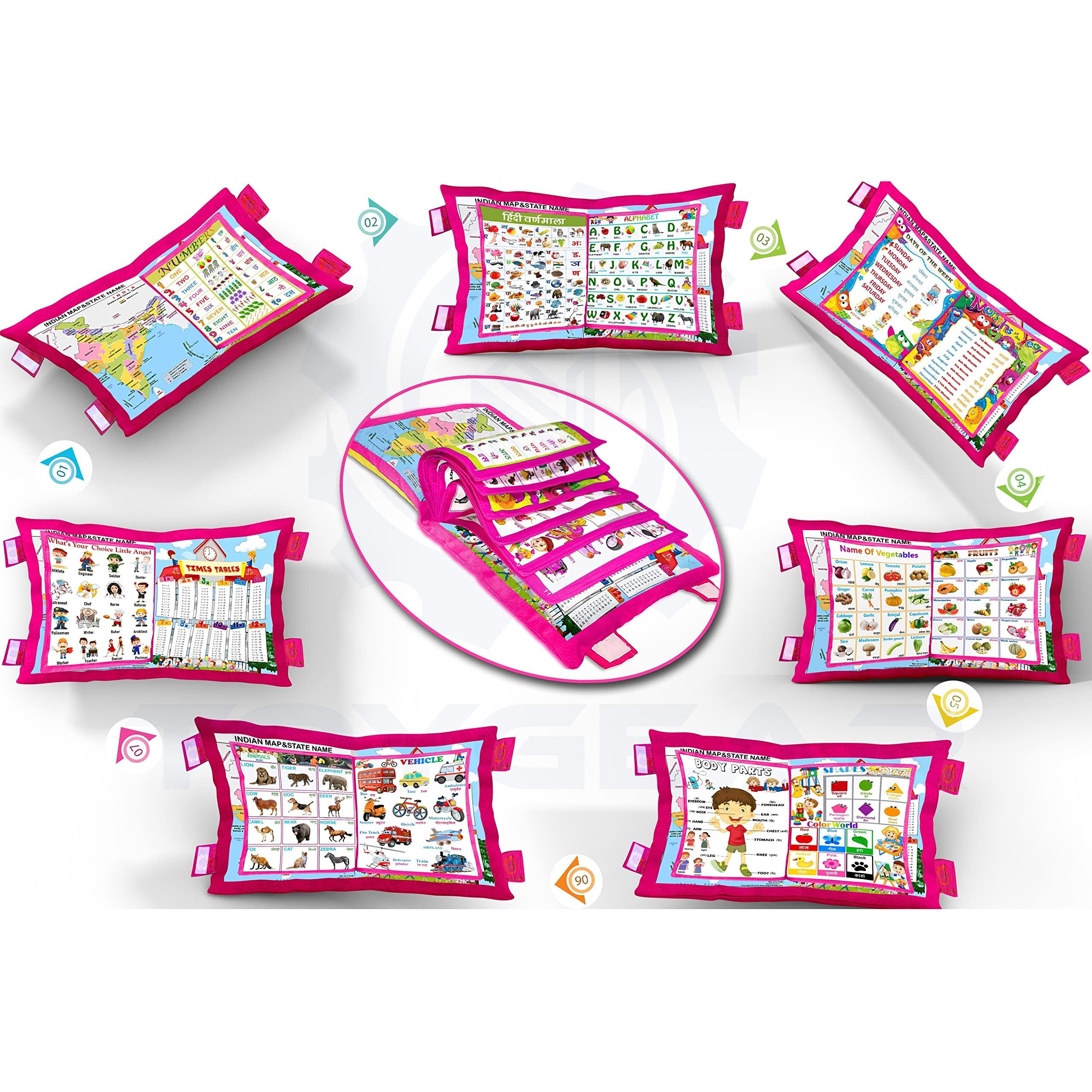 Toygear Nizomi Educational Preschool Toys Cotton Pillow Book For Kidssleeping Washable Girls Edition With Numericalphabetshape And Colorvehiclefruits Learning With Fun Purpose Toddler Toys(Pink)