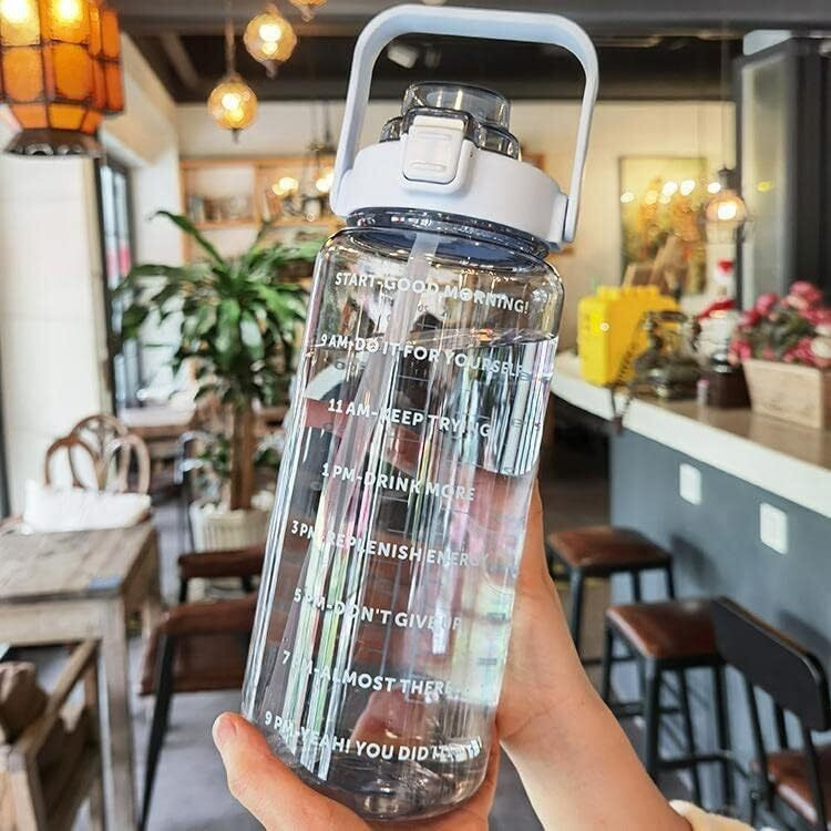 Eumqestoer 2 L Capacity Belt Straw Transparent Motivational Water Bottles|Time Marker Leak Proof&Break-Proof|Best Usage For Office/School/Gym/Travel |Bpa-Free Fitness Sports Bottle (Blue)| Silicone