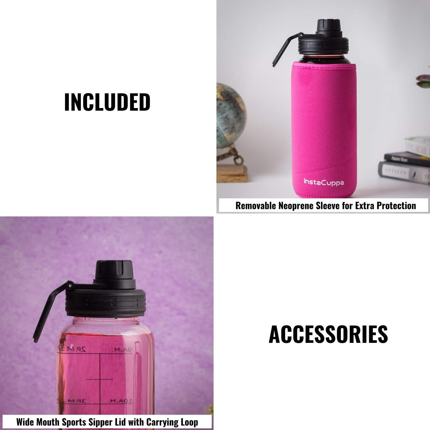 Instacuppa Borosilicate Glass Water Bottle 1000 Ml With Innovative Time Markings, Bpa Free, Wide Mouth Sports Sipper Lid With Carrying Loop, Removable Neoprene Silicone Sleeve, Pink