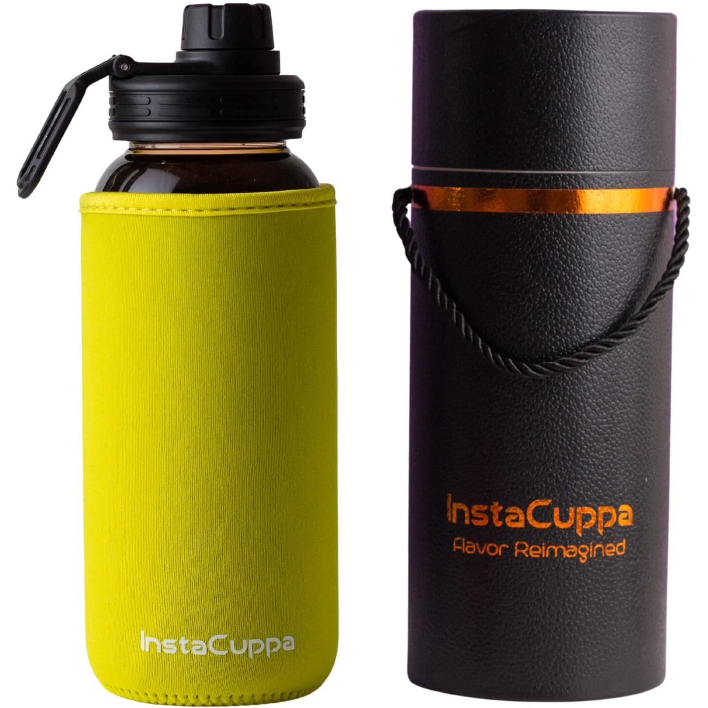 Instacuppa Borosilicate Glass Water Bottle 1000 Ml With Innovative Time Markings, Bpa Free, Wide Mouth Sports Sipper Lid With Carrying Loop, Removable Neoprene Silicone Sleeve,Yellow