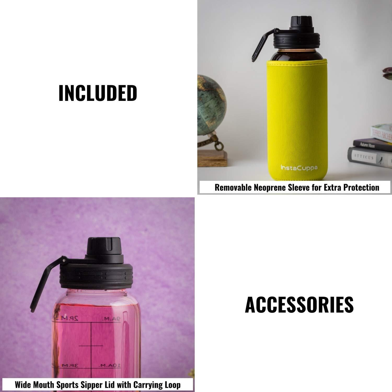 Instacuppa Borosilicate Glass Water Bottle 1000 Ml With Innovative Time Markings, Bpa Free, Wide Mouth Sports Sipper Lid With Carrying Loop, Removable Neoprene Silicone Sleeve,Yellow