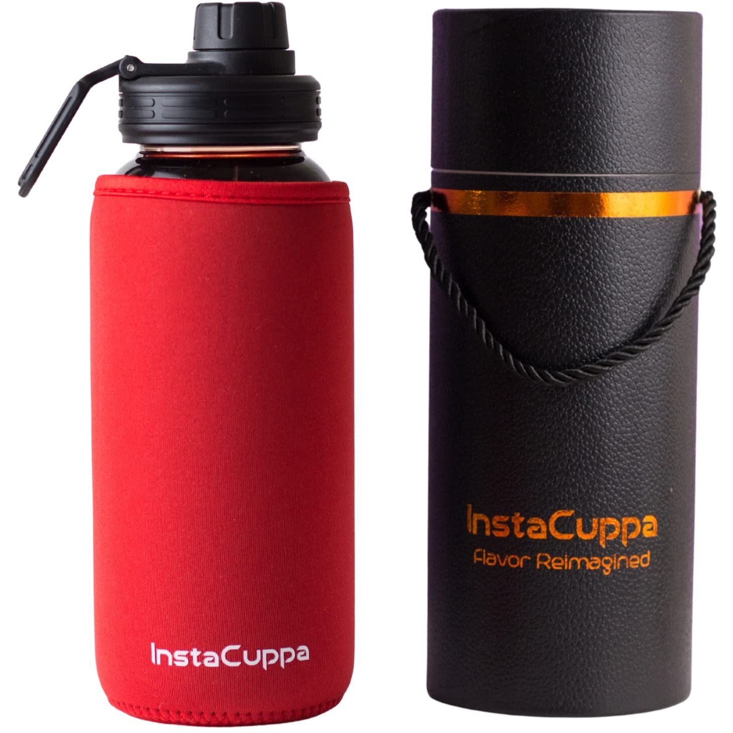 Instacuppa Borosilicate Glass Water Bottle 1000 Ml With Innovative Time Markings, Bpa Free, Wide Mouth Sports Sipper Lid With Carrying Loop, Removable Neoprene Silicone Sleeve,Red