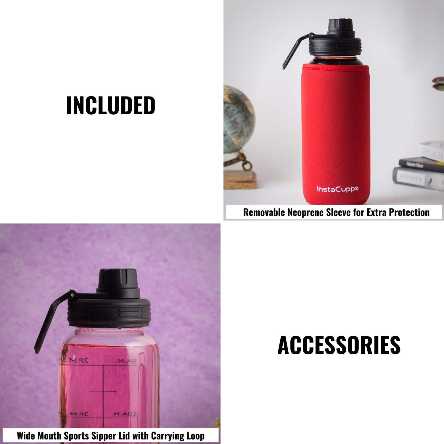 Instacuppa Borosilicate Glass Water Bottle 1000 Ml With Innovative Time Markings, Bpa Free, Wide Mouth Sports Sipper Lid With Carrying Loop, Removable Neoprene Silicone Sleeve,Red