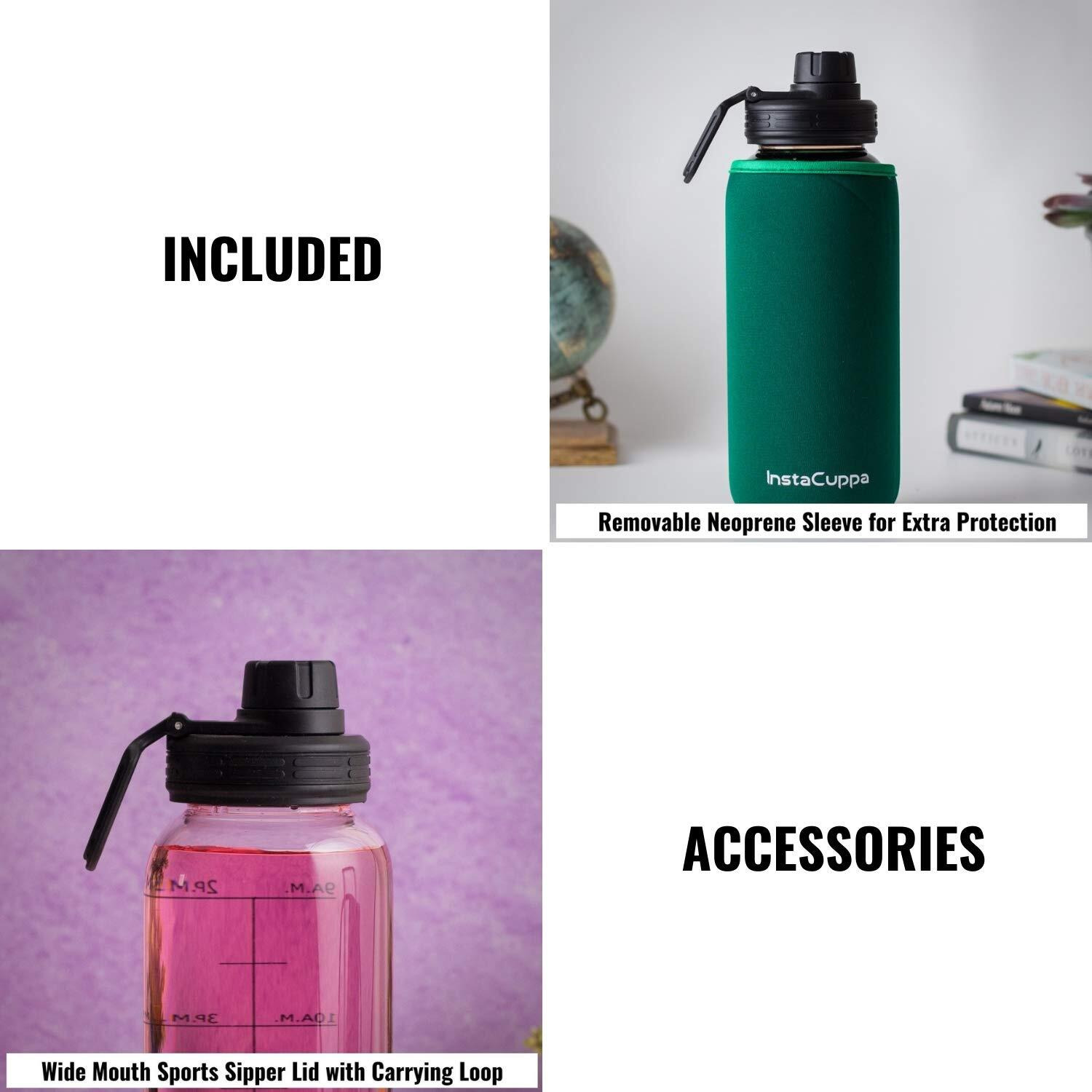 Instacuppa Borosilicate Glass Water Bottle 1000 Ml With Innovative Time Markings, Bpa Free, Wide Mouth Sports Sipper Lid With Carrying Loop, Removable Neoprene Silicone Sleeve,Green