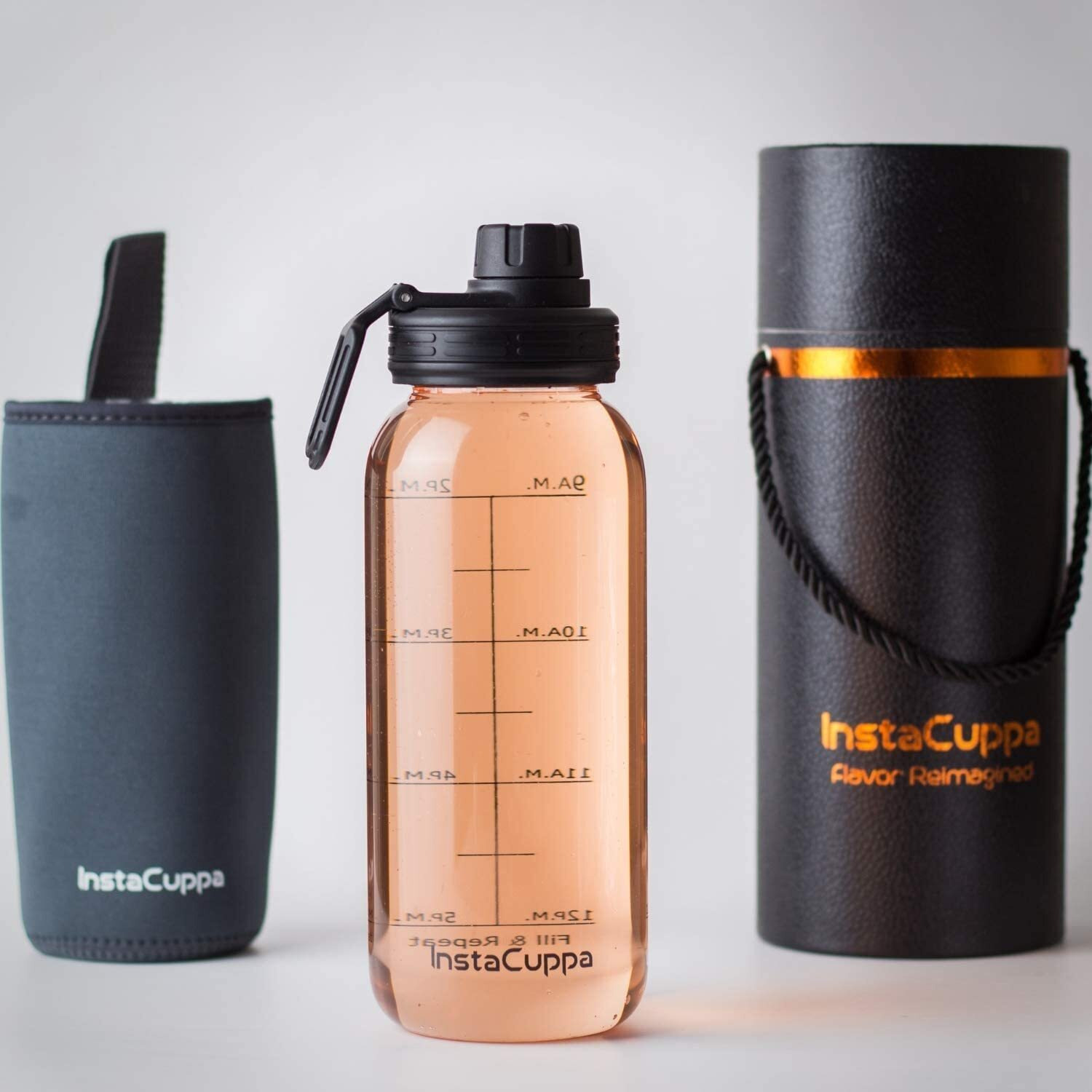 Instacuppa Borosilicate Glass Water Bottle 1000 Ml With Innovative Time Markings, Bpa Free, Wide Mouth Sports Sipper Lid With Carrying Loop, Removable Neoprene Silicone Sleeve,Grey