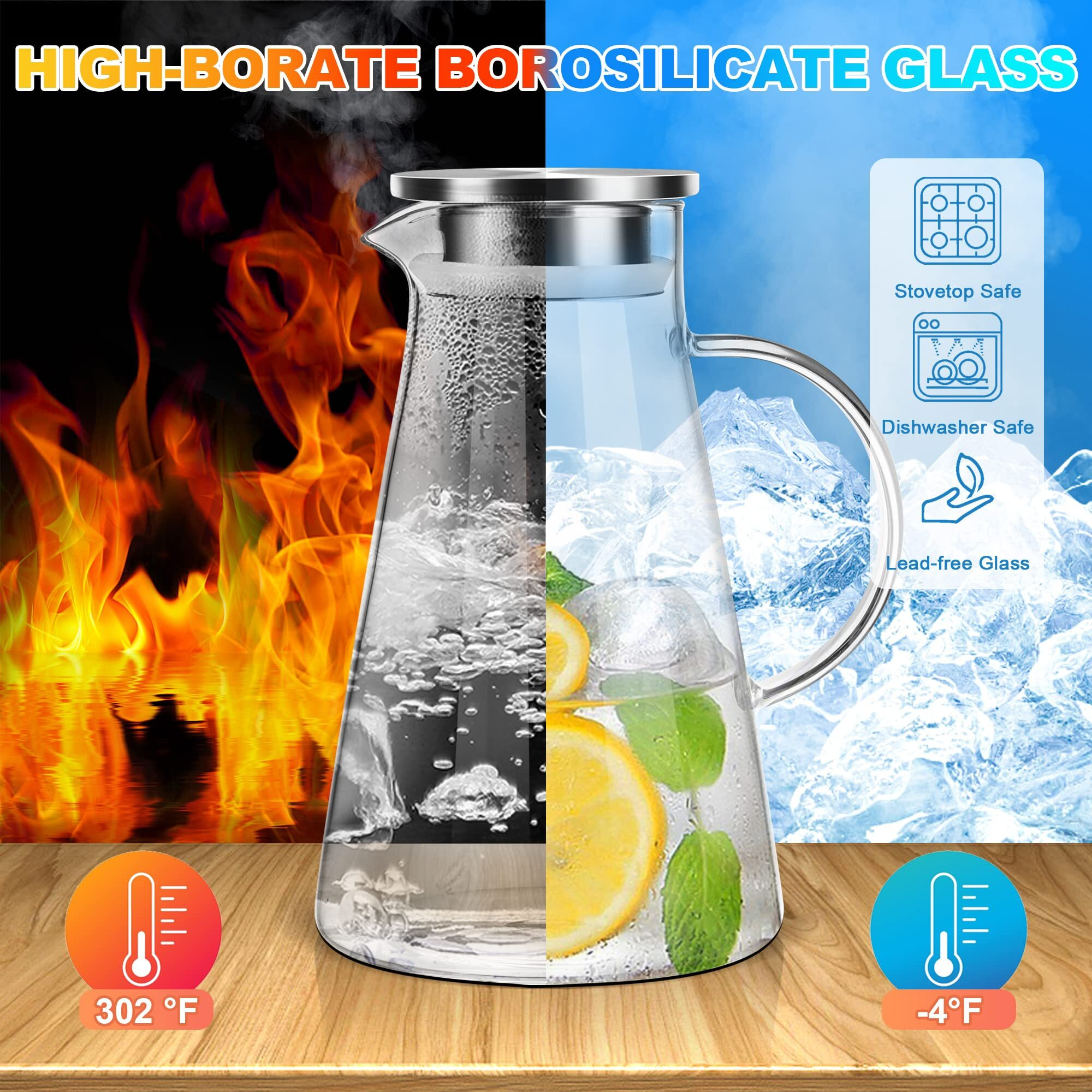 Suteas 2.0 Liter 68 Ounces Gallon Jug Hot Cold Water Ice Tea Wine Coffee Milk And Juice Beverage Ca Glass Pitcher With Lid Covered, Clear