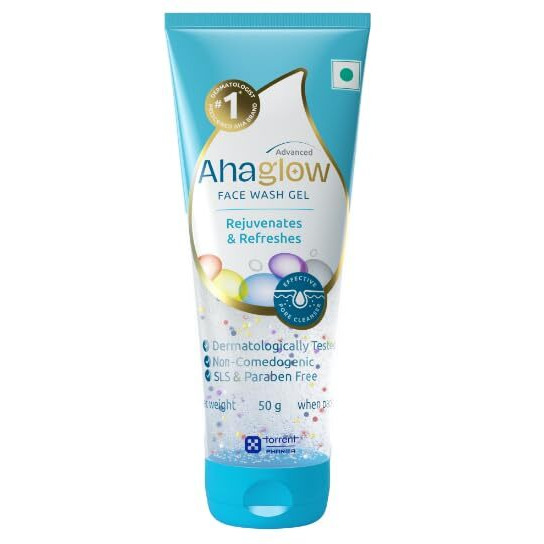 Ahaglow Advanced Face Wash Gel 50G With Aha(1% Glycolic Acid) Glow Bombs| Jojoba & Tea Tree Oil | Allantoin, Vitamin E & Oak Bark Extract | No.1 Dermatologist Prescribed Aha Brand - By Torrent Pharma
