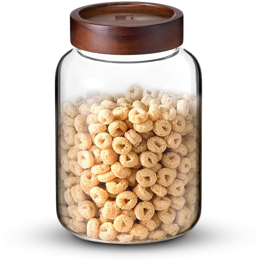 Bergner Acadia Borosilicate 1930Ml Glass Jar With Solid Wood Lid, For Storing And Preserving Sugar, Flour, Tea, Coffee, Spices, Candies, Oats | Airtight Multipurpose Glass Container For Kitchen