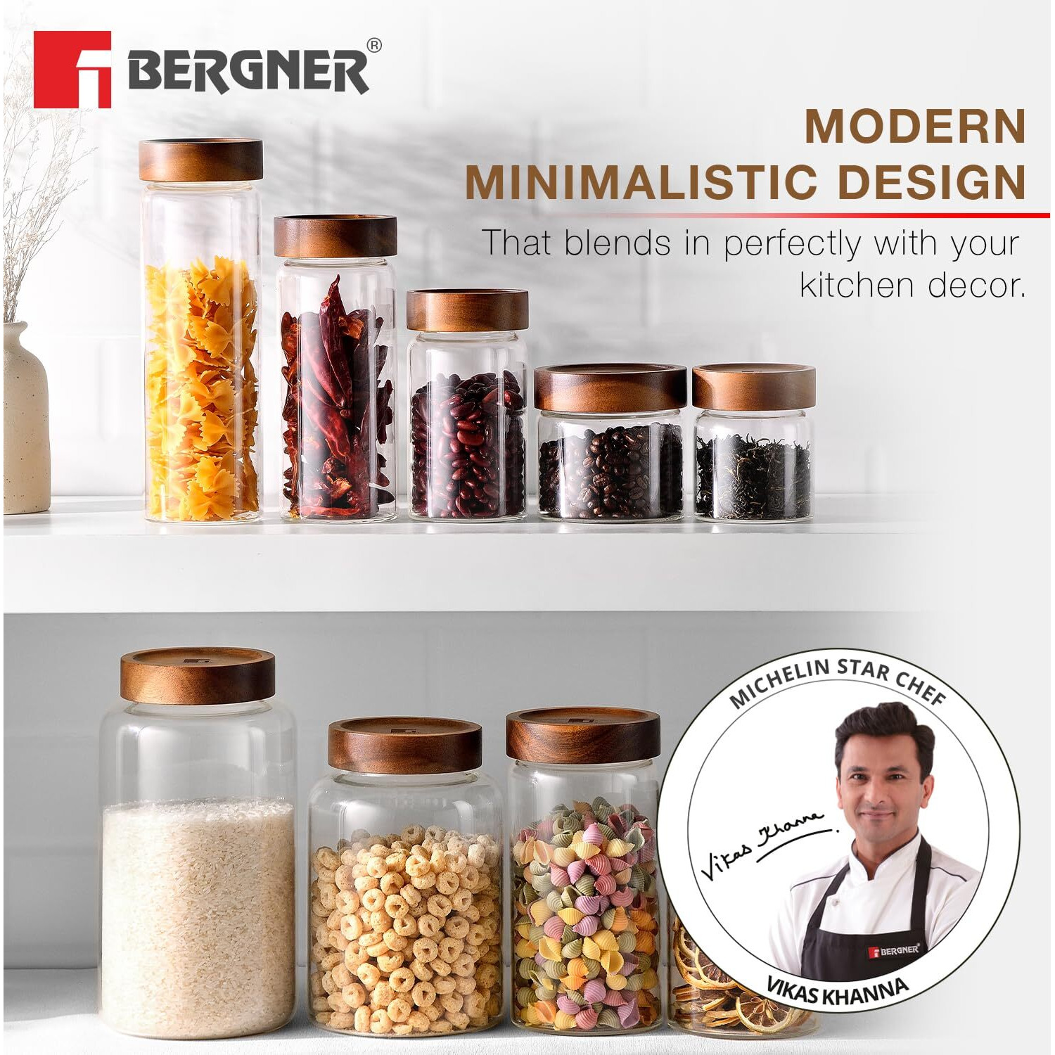 Bergner Acadia Borosilicate 1930Ml Glass Jar With Solid Wood Lid, For Storing And Preserving Sugar, Flour, Tea, Coffee, Spices, Candies, Oats | Airtight Multipurpose Glass Container For Kitchen