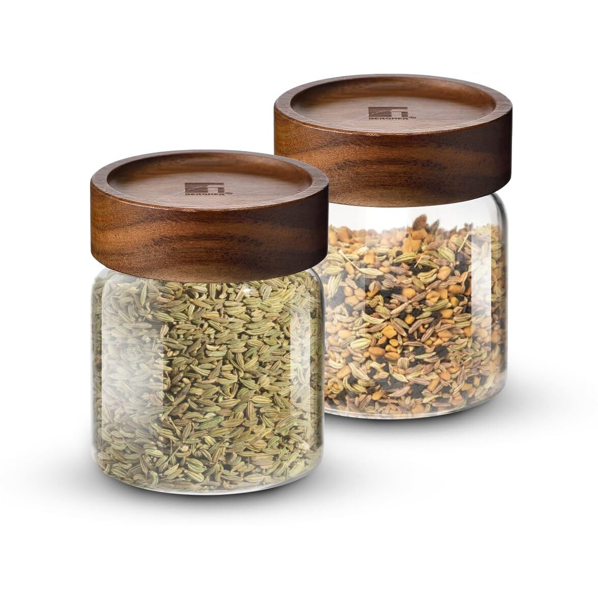 Bergner Acadia Borosilicate Glass Jars With Solid Wood Lid, Set Of 2 Jars, 340Ml Each, For Storing And Preserving Sugar, Flour, Tea, Coffee, Spices, Biscuits, Oats | Multipurpose Container For Kitchen