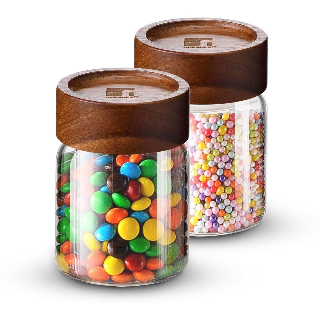 Bergner Acadia Borosilicate Glass Jars With Solid Wood Lid, Set Of 2 Jars, 200Ml Each, For Storing And Preserving Sugar, Flour, Tea, Coffee, Spices, Biscuits, Oats | Multipurpose Container For Kitchen