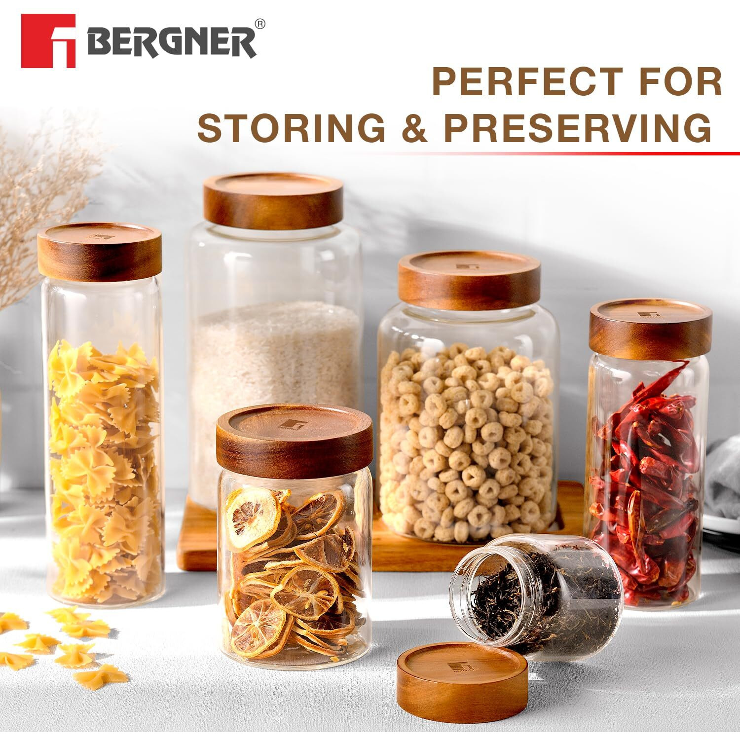 Bergner Acadia Borosilicate Glass Jars With Solid Wood Lid, Set Of 2 Jars, 120Ml Each, For Storing And Preserving Sugar, Flour, Tea, Coffee, Spices, Biscuits, Oats | Multipurpose Container For Kitchen