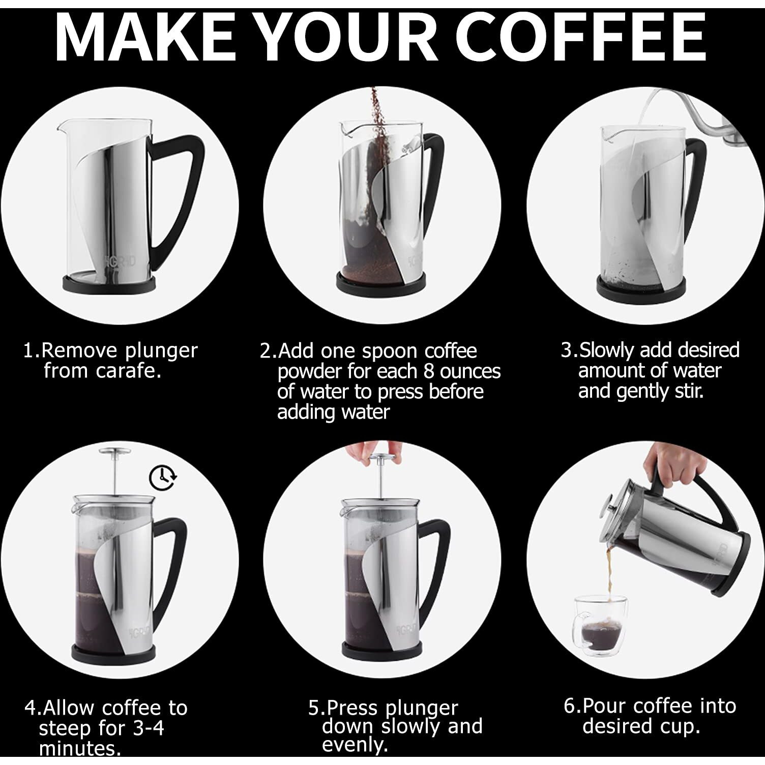 Igrid French Press Coffee And Tea Maker 1000Ml With 4 Level Superior Filtration, Stainless Steel Coffee Maker