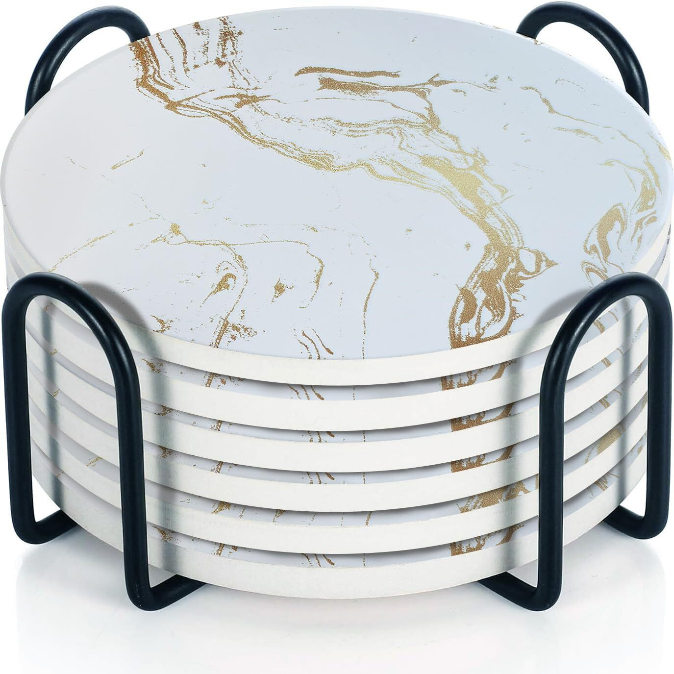 Decor & More - Ceramic Coasters With Matt Finish On Top & Cork Base | Coasters For Cups Set Of 6 | Marble Style Ceramic Coaster For Tea, Coffee Table & Dining Table With Metal Holder