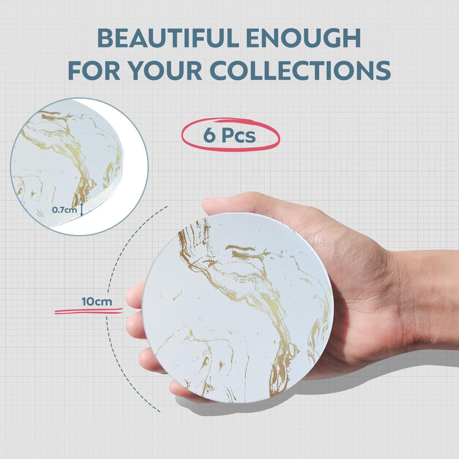 Decor & More - Ceramic Coasters With Matt Finish On Top & Cork Base | Coasters For Cups Set Of 6 | Marble Style Ceramic Coaster For Tea, Coffee Table & Dining Table With Metal Holder