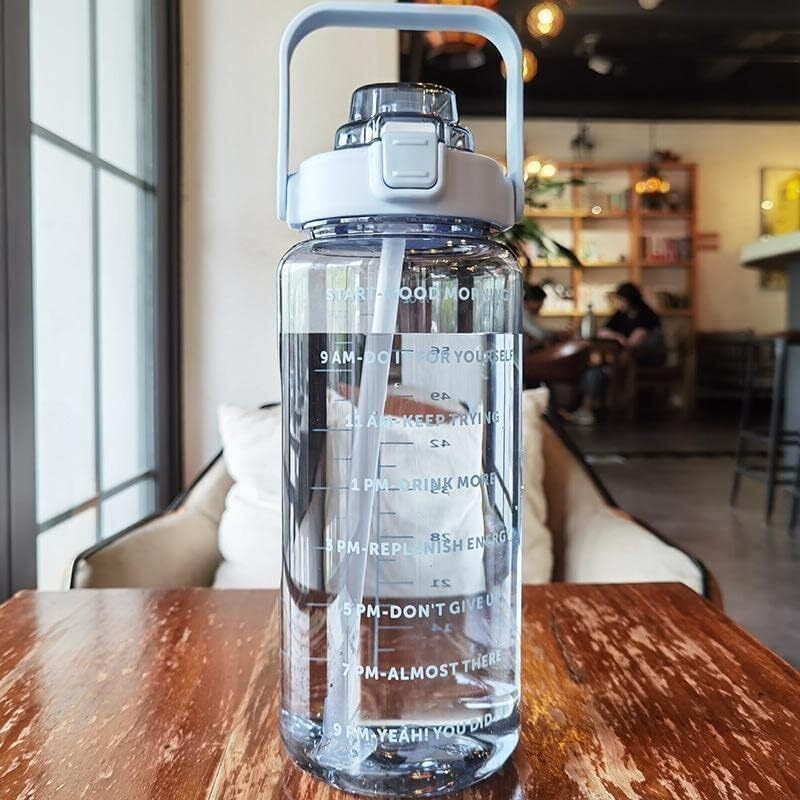 2 L Capacity Belt Straw Transparent Motivational Water Bottles| Leakproof Durable Non-Toxic Sipper | |Best Usage For School/College/Office/Travel Bottle | Bpa-Free Fitness Sports Bottle (Blue)