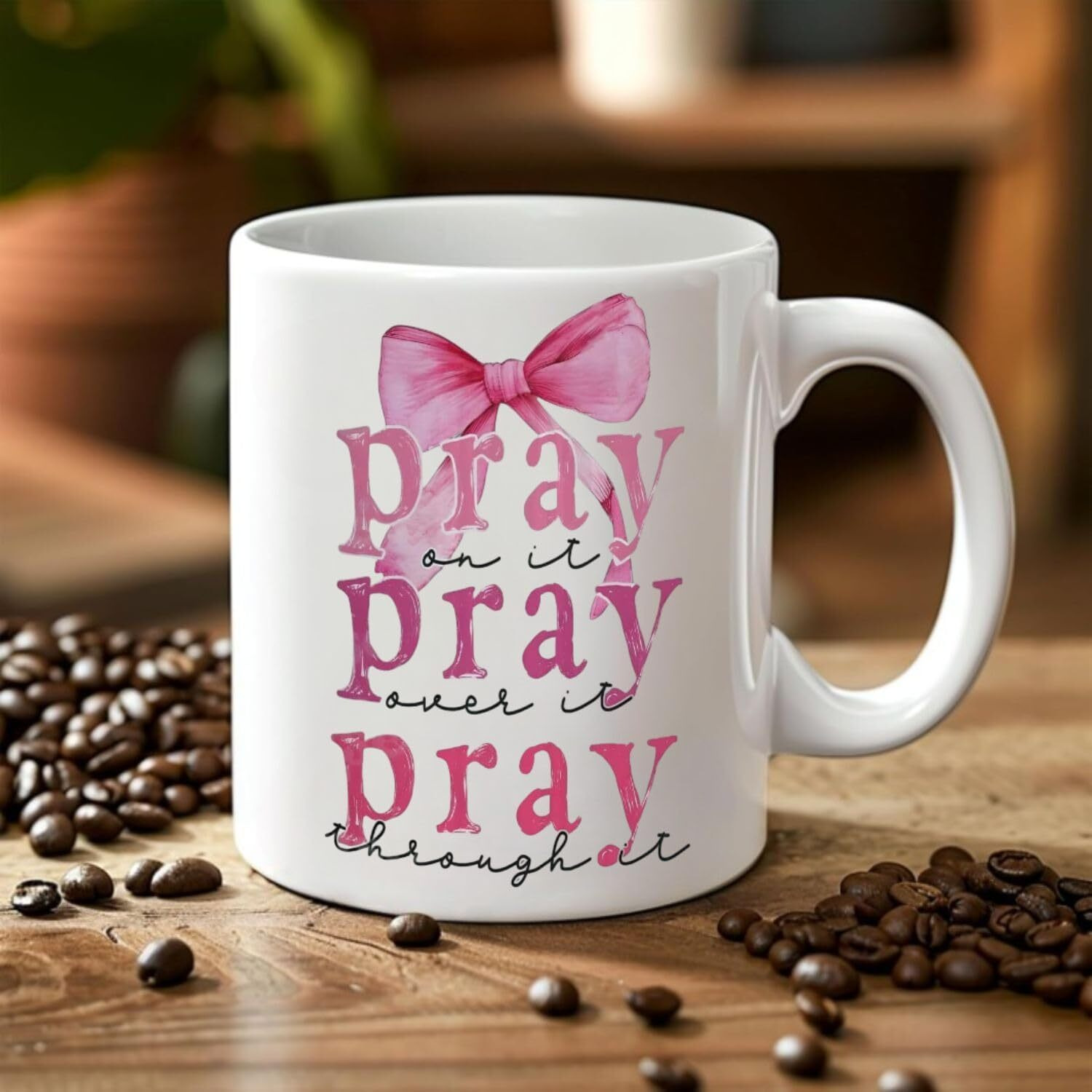 Funkyfinds Pray On It, Pray Over It, Pray Through It Gift For Women, Girls, Or Teens, Tea, Latte, Or Office Desk Decor Prayer Motivational Coffee Mug For Women & Men Galentines Day Bow Mug (Set Of 1)