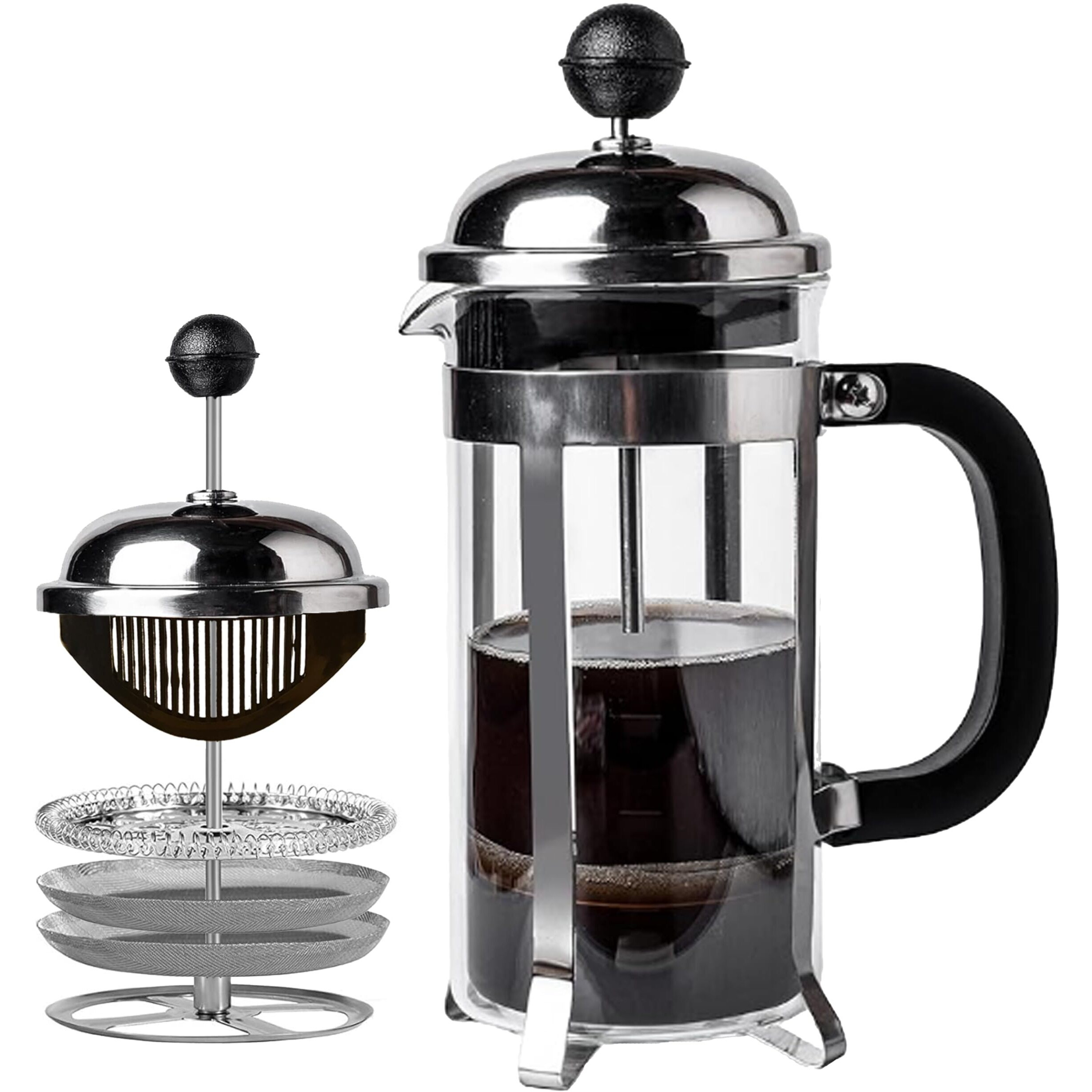 Sipologie Vintage French Press Coffee Maker 350Ml, 4-Level Filtration System For Sediment-Free Coffee, Heat-Resistant Durable Borosilicate Glass, Silver