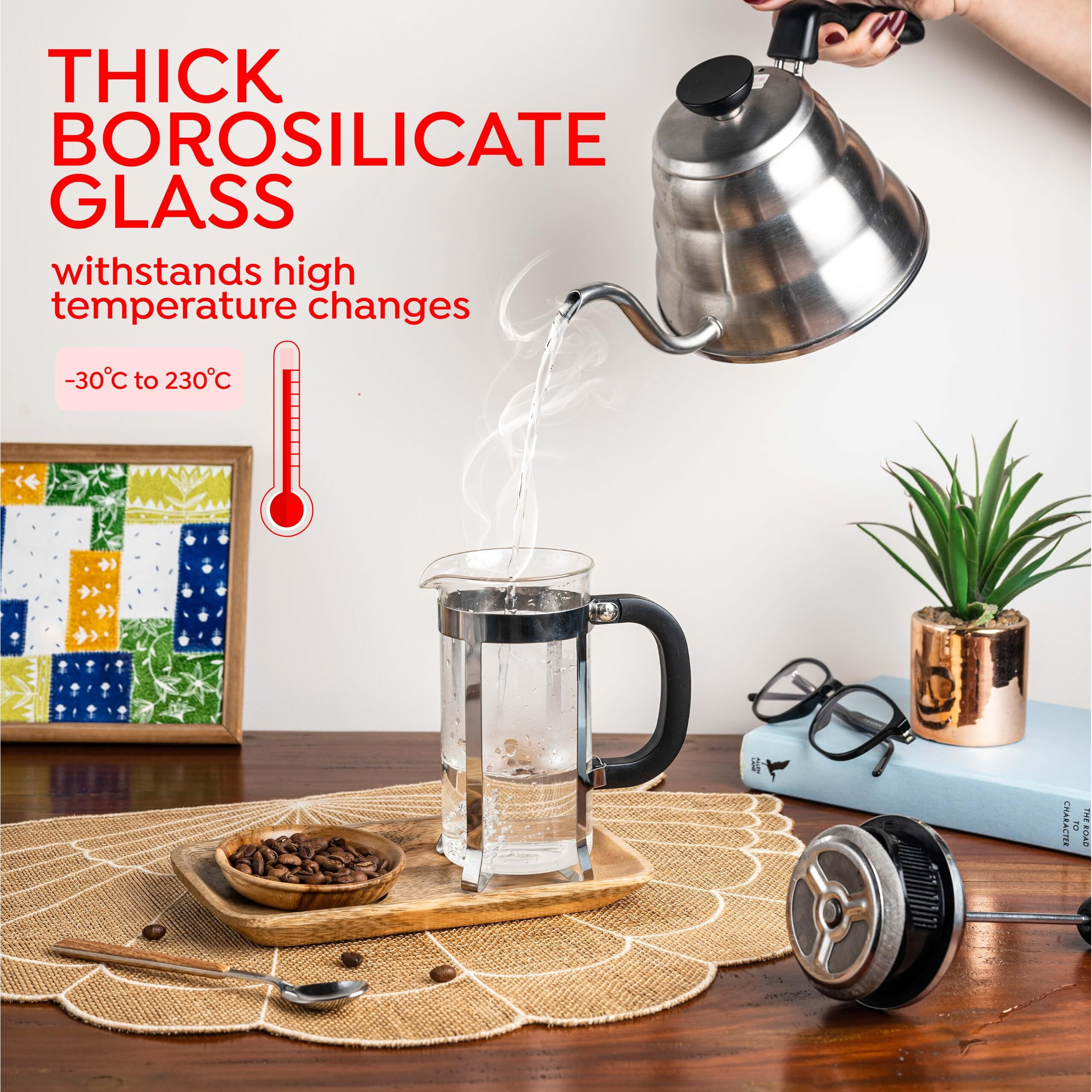 Sipologie Vintage French Press Coffee Maker 350Ml, 4-Level Filtration System For Sediment-Free Coffee, Heat-Resistant Durable Borosilicate Glass, Silver