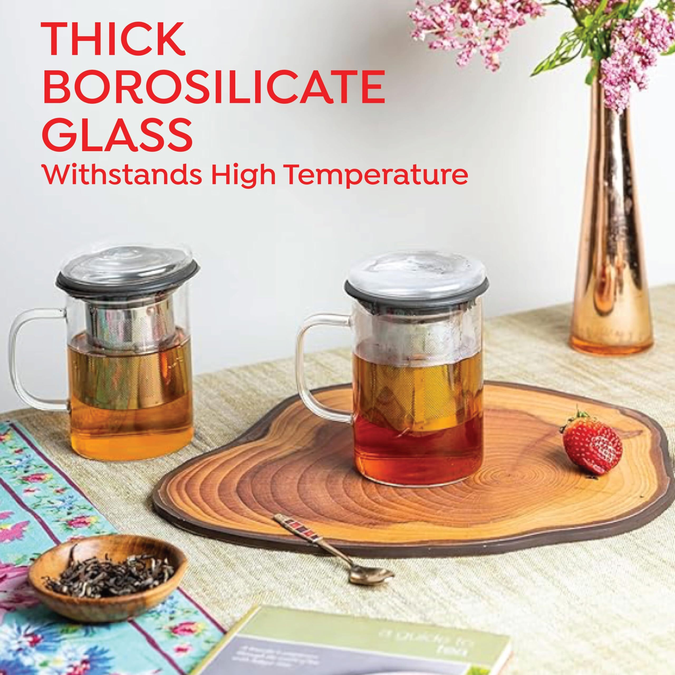 Sipologie Inspire Tea Infuser Mug  Ideal For Brewing Loose-Leaf Tea  Premium Clear Borosilicate Glass Mug With Fine Mesh Stainless Steel Infuser And Dual-Purpose Glass Lid, 350Ml