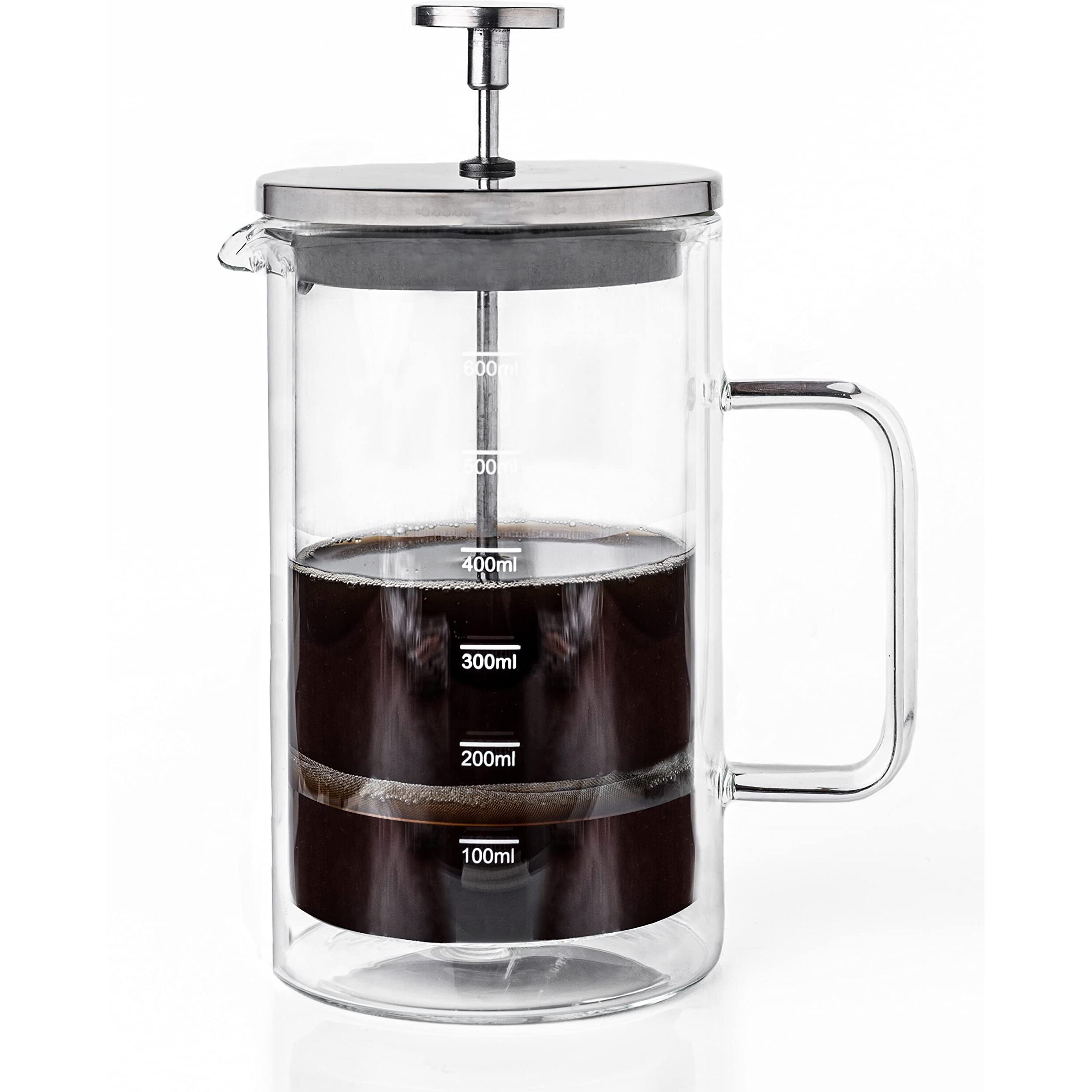 Sipologie Glasriket Double Wall French Press Coffee Maker 600Ml I 4-Level Filtration I Heat Insulated Borosilicate Coffee Press Glass I Measurement Marking, Coffee Spoon, Extra Filter Mesh
