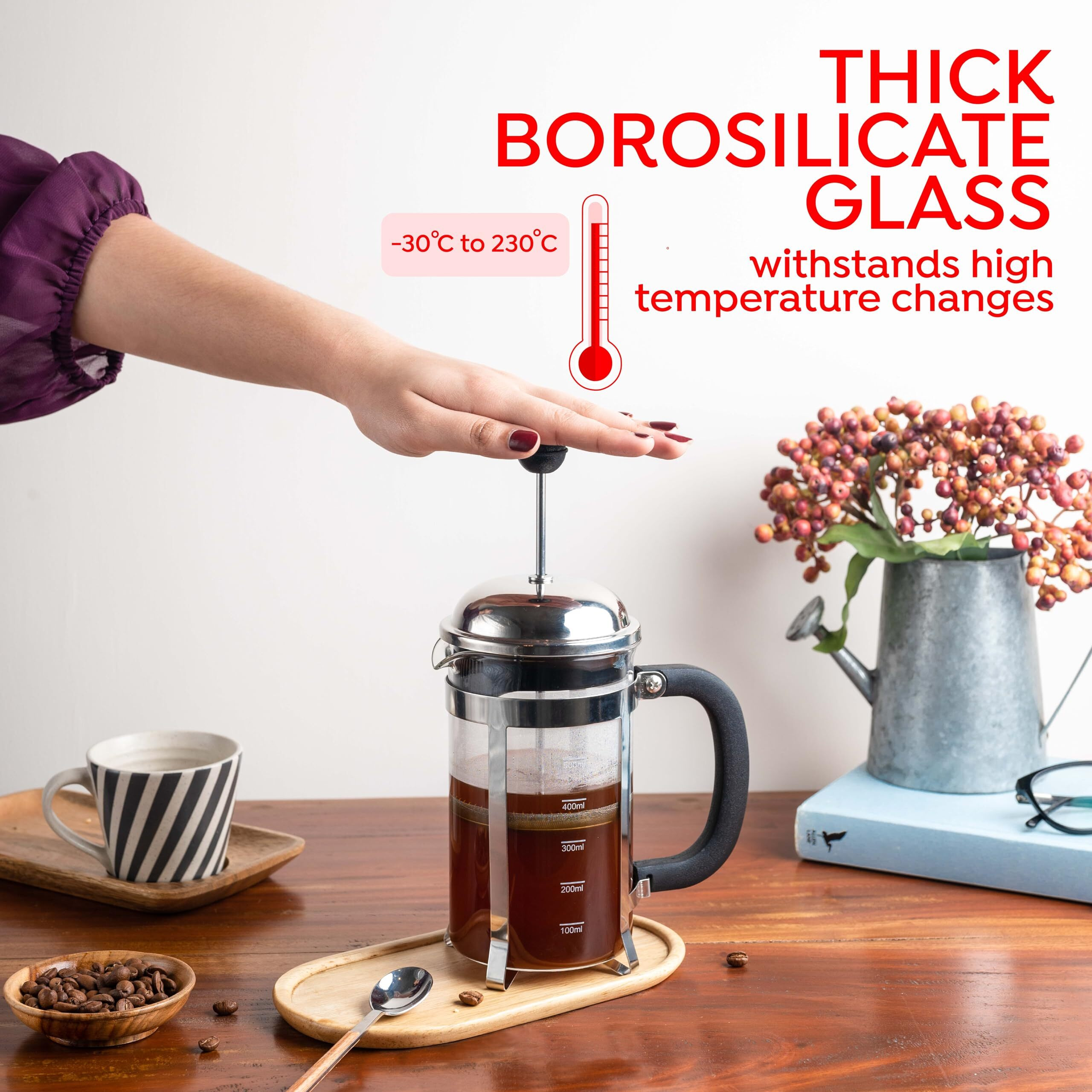 Sipologie Vintage French Press Coffee Maker 600Ml, 4-Level Filtration System For Sediment-Free Coffee, Heat-Resistant Durable Borosilicate Glass, Measurement Marking, Silver