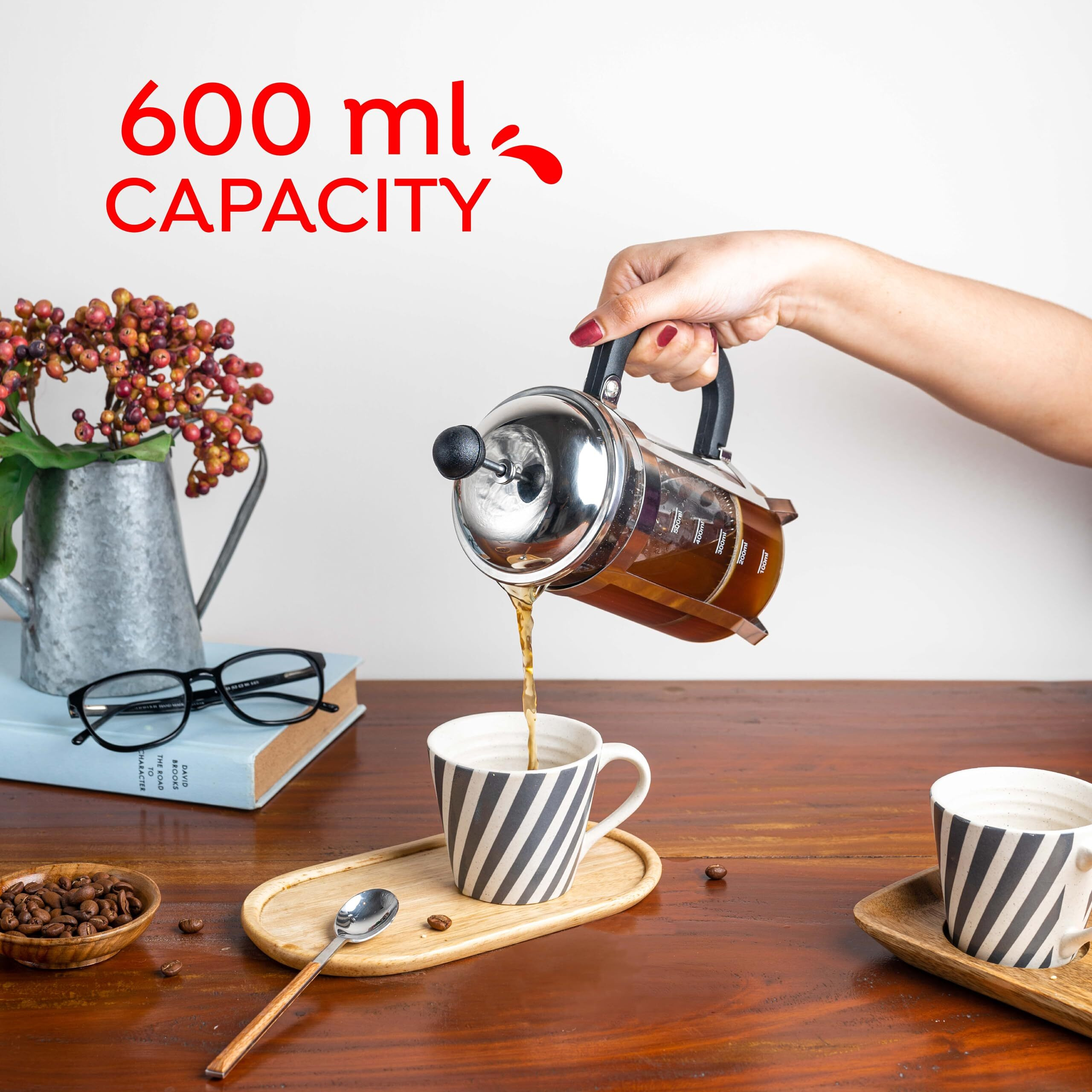 Sipologie Vintage French Press Coffee Maker 600Ml, 4-Level Filtration System For Sediment-Free Coffee, Heat-Resistant Durable Borosilicate Glass, Measurement Marking, Silver