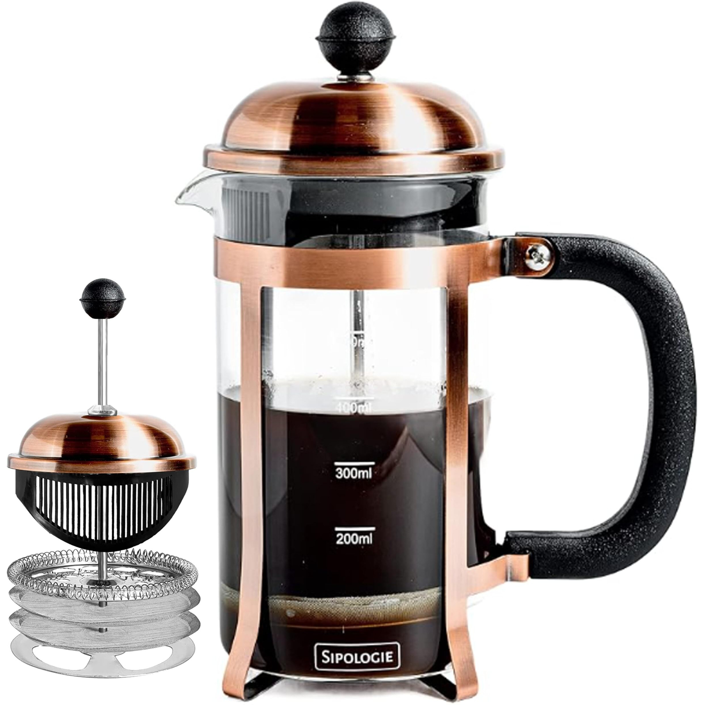 Sipologie Vintage French Press Coffee Maker 600Ml, 4-Level Filtration System For Sediment-Free Coffee, Heat-Resistant Durable Borosilicate Glass, Measurement Marking, Copper