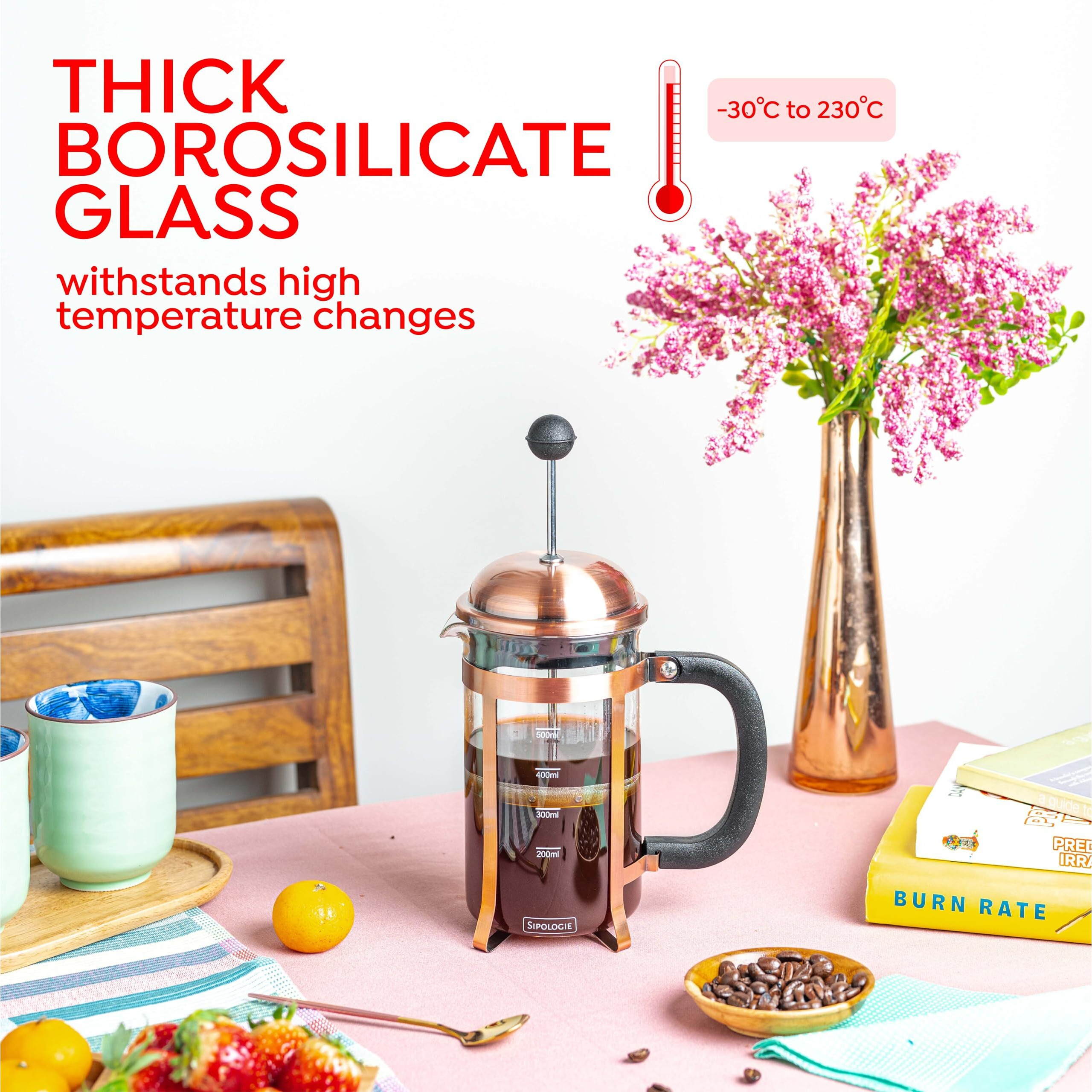 Sipologie Vintage French Press Coffee Maker 600Ml, 4-Level Filtration System For Sediment-Free Coffee, Heat-Resistant Durable Borosilicate Glass, Measurement Marking, Copper
