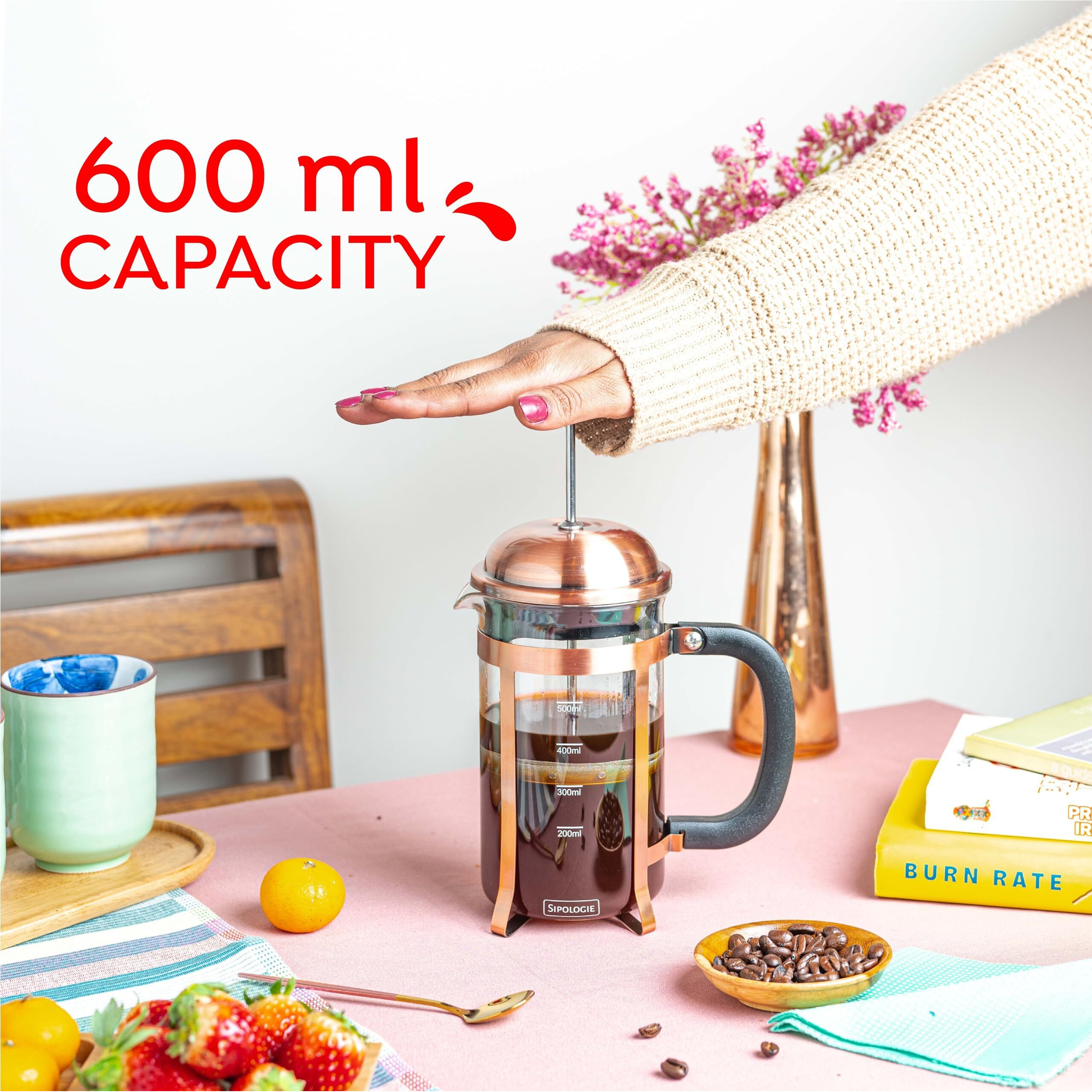 Sipologie Vintage French Press Coffee Maker 600Ml, 4-Level Filtration System For Sediment-Free Coffee, Heat-Resistant Durable Borosilicate Glass, Measurement Marking, Copper