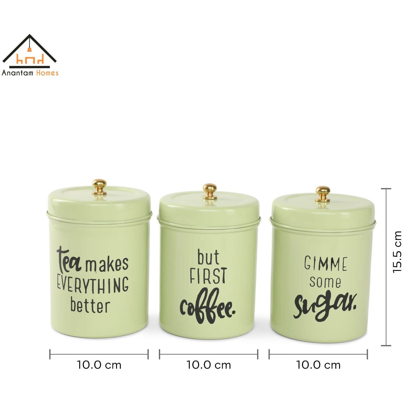 Anantam Homes Quoted Colourful Tea Sugar Coffee Container Set Of 3 | For Kitchen Counter Top Airtight Stainless Steel Food Storage Canister With Lids For Sugar Cereal Coffee Tea (Gimme -Pista Green)
