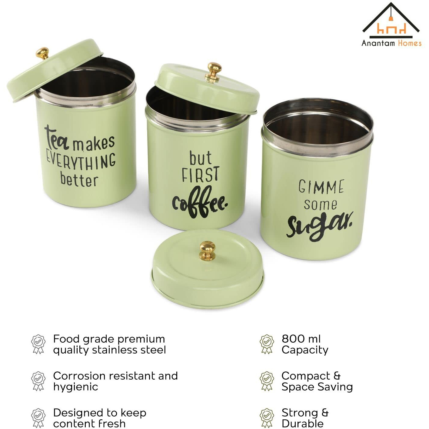 Anantam Homes Quoted Colourful Tea Sugar Coffee Container Set Of 3 | For Kitchen Counter Top Airtight Stainless Steel Food Storage Canister With Lids For Sugar Cereal Coffee Tea (Gimme -Pista Green)