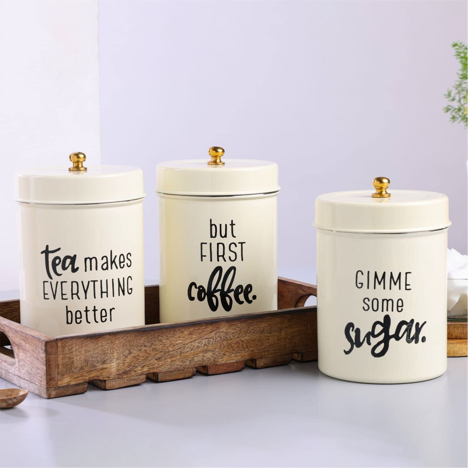 Anantam Homes Quoted Colourful Tea Sugar Coffee Container Set Of 3 |Kitchen Counter Top Airtight Stainless Steel Storage Canister With Lids For Coffee (Gimme -Ivory), 800 Milliliter