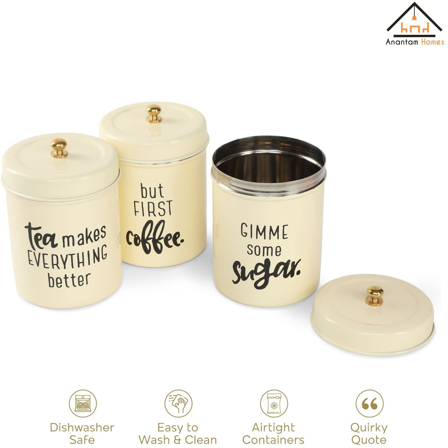 Anantam Homes Quoted Colourful Tea Sugar Coffee Container Set Of 3 |Kitchen Counter Top Airtight Stainless Steel Storage Canister With Lids For Coffee (Gimme -Ivory), 800 Milliliter