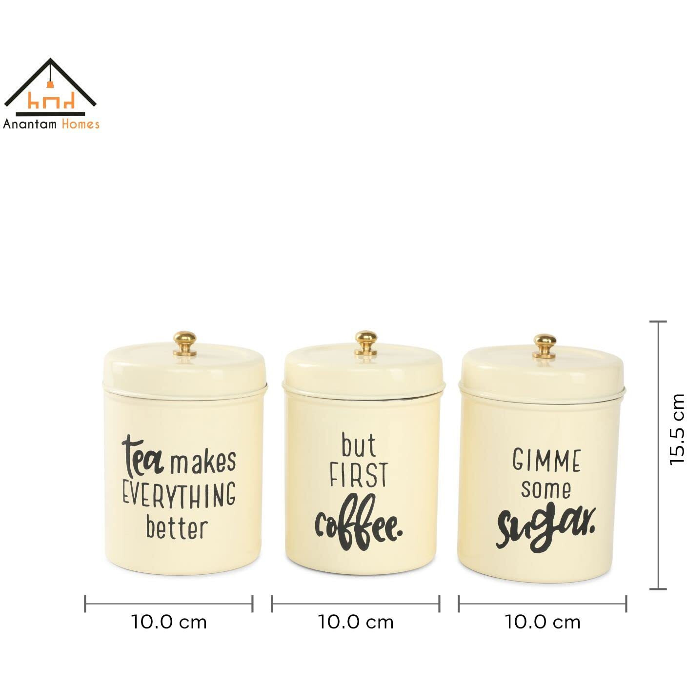 Anantam Homes Quoted Colourful Tea Sugar Coffee Container Set Of 3 |Kitchen Counter Top Airtight Stainless Steel Storage Canister With Lids For Coffee (Gimme -Ivory), 800 Milliliter