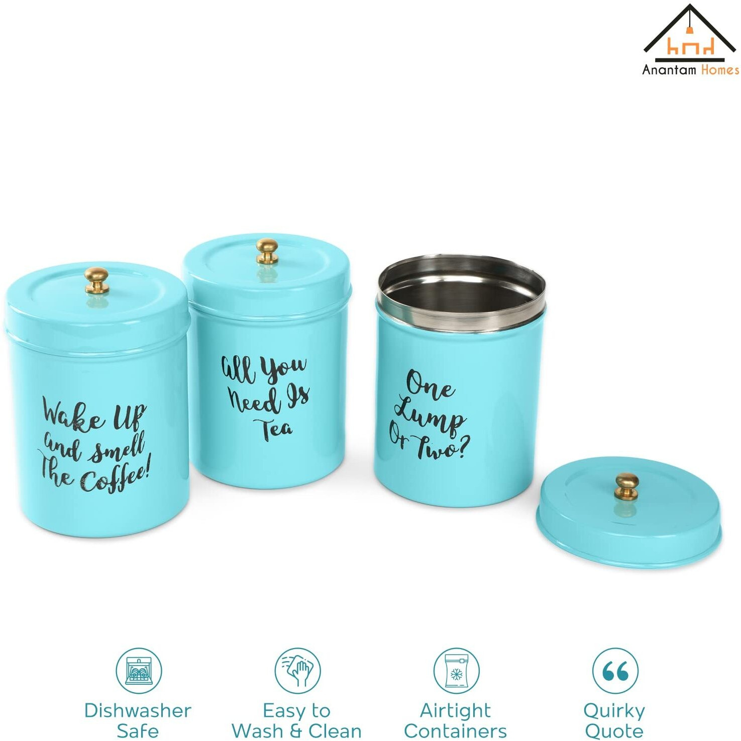 Anantam Homes Colourful Tea Sugar Coffee Container Set Of 3|For Kitchen Counter Top Airtight Stainless Steel Food Storage Canister With Lids For Sugar Cereal Coffee Tea (Wake Up-Aqua), Blue