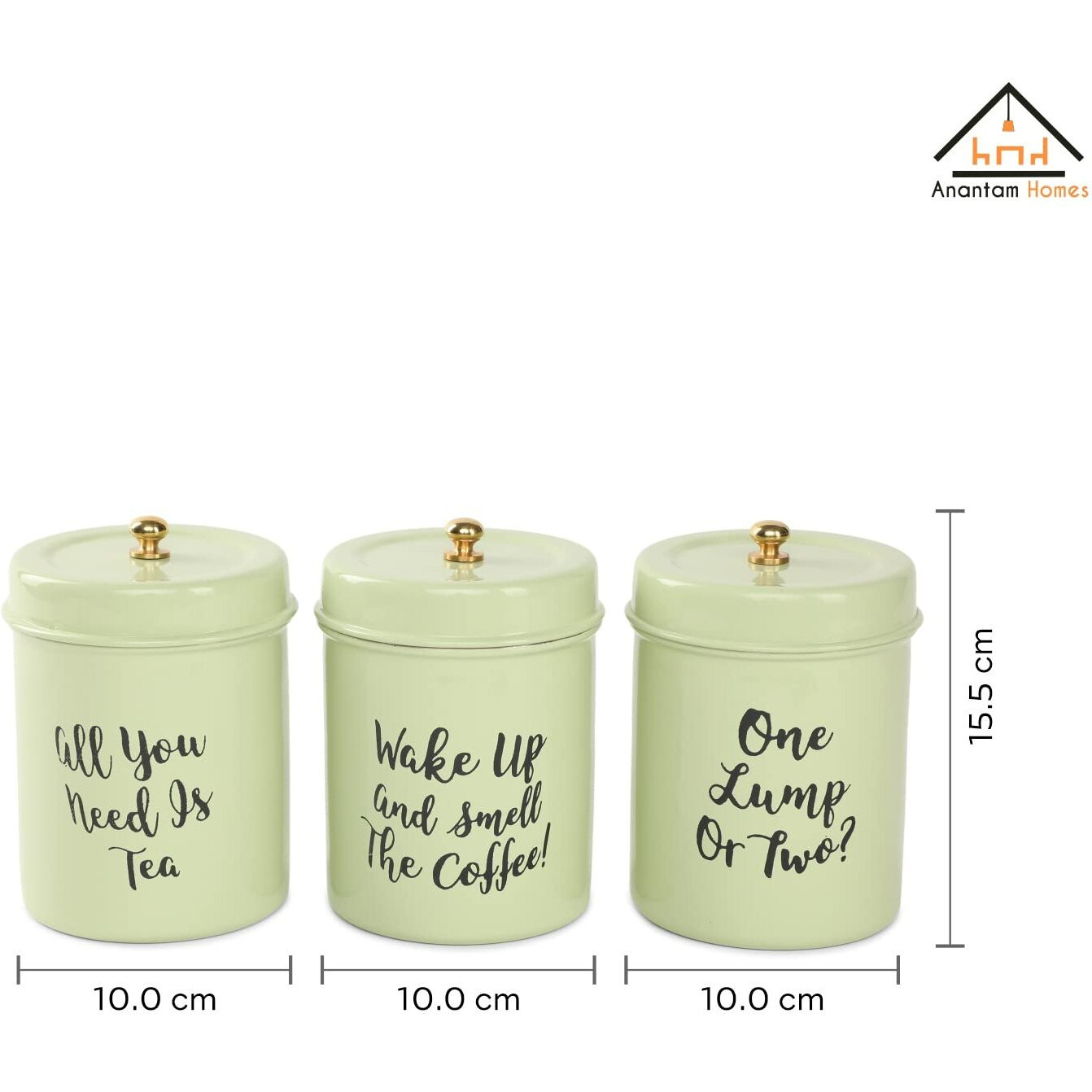 Anantam Homes Quoted Colourful Tea Sugar Coffee Container Set Of 3 | Airtight Stainless Steel Food Storage Canister With Lids For Flour Sugar Cereal Coffee Tea (Wake Up -Pista Green)