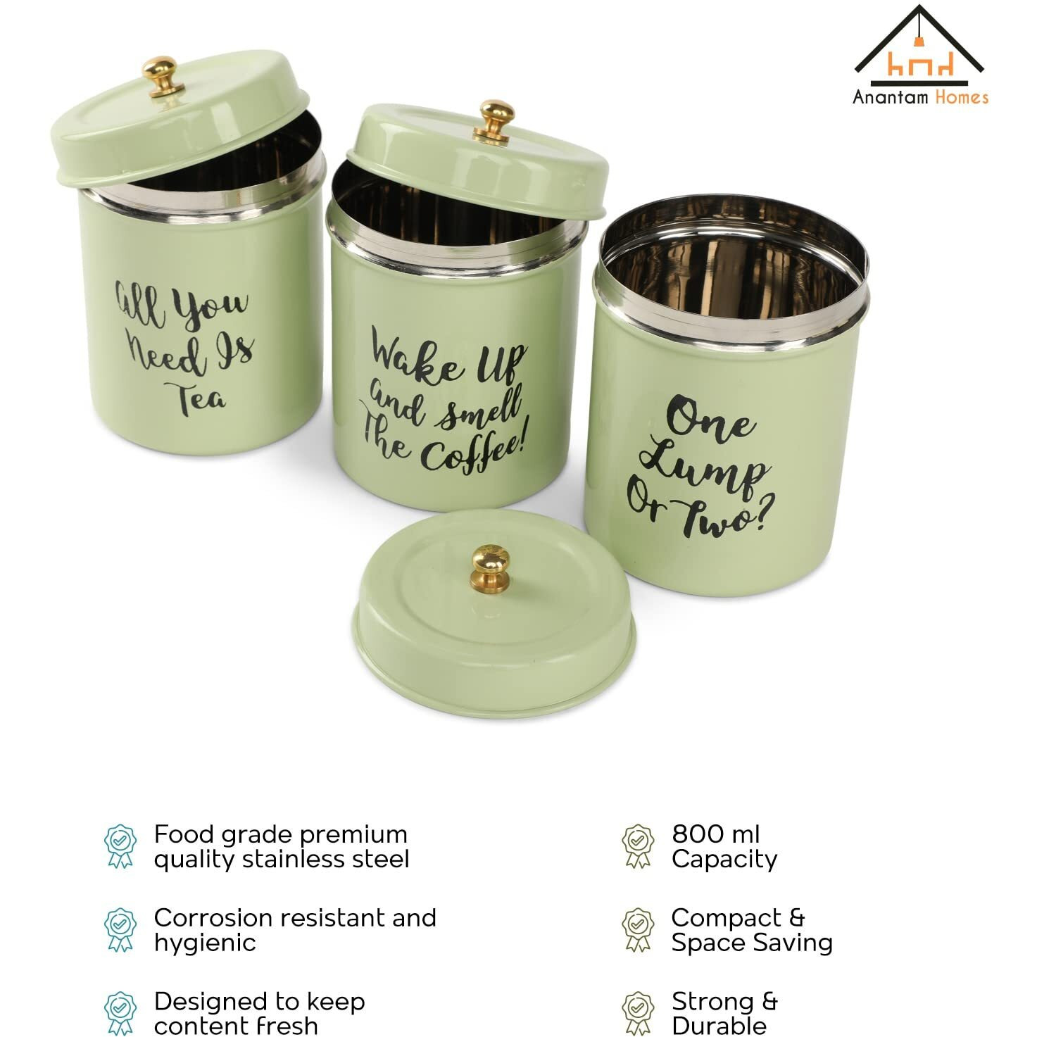 Anantam Homes Quoted Colourful Tea Sugar Coffee Container Set Of 3 | Airtight Stainless Steel Food Storage Canister With Lids For Flour Sugar Cereal Coffee Tea (Wake Up -Pista Green)