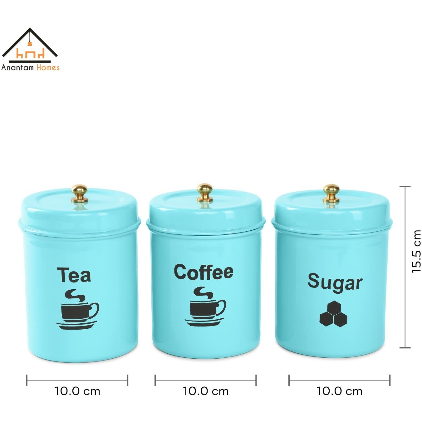 Anantam Homes Colourful Tea Sugar Coffee Container Set Of 3|For Kitchen Counter Top Airtight Stainless Steel Food Storage Canister With Lids For Flour Sugar Cereal Coffee Tea (Tcs -Aqua), Blue