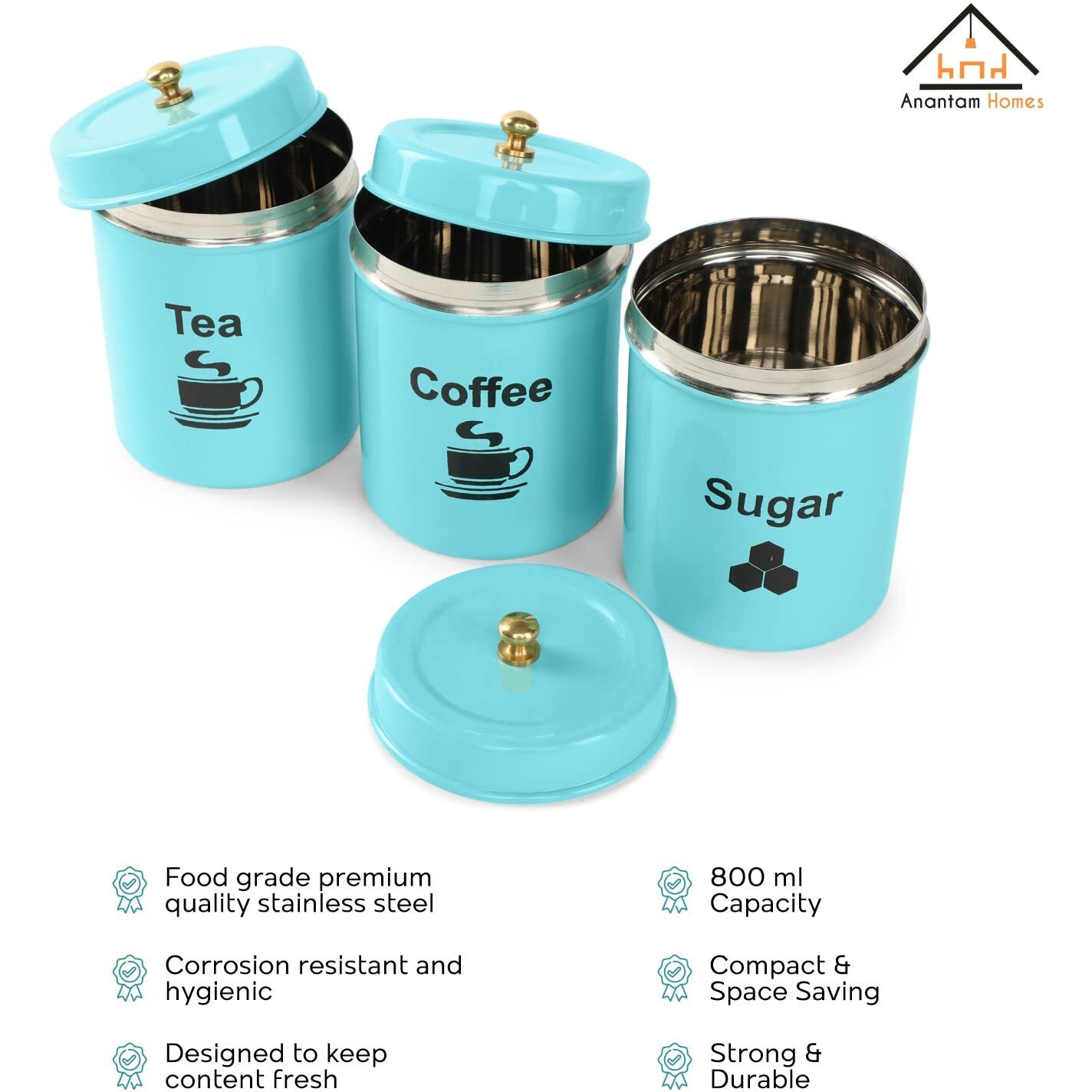 Anantam Homes Colourful Tea Sugar Coffee Container Set Of 3|For Kitchen Counter Top Airtight Stainless Steel Food Storage Canister With Lids For Flour Sugar Cereal Coffee Tea (Tcs -Aqua), Blue