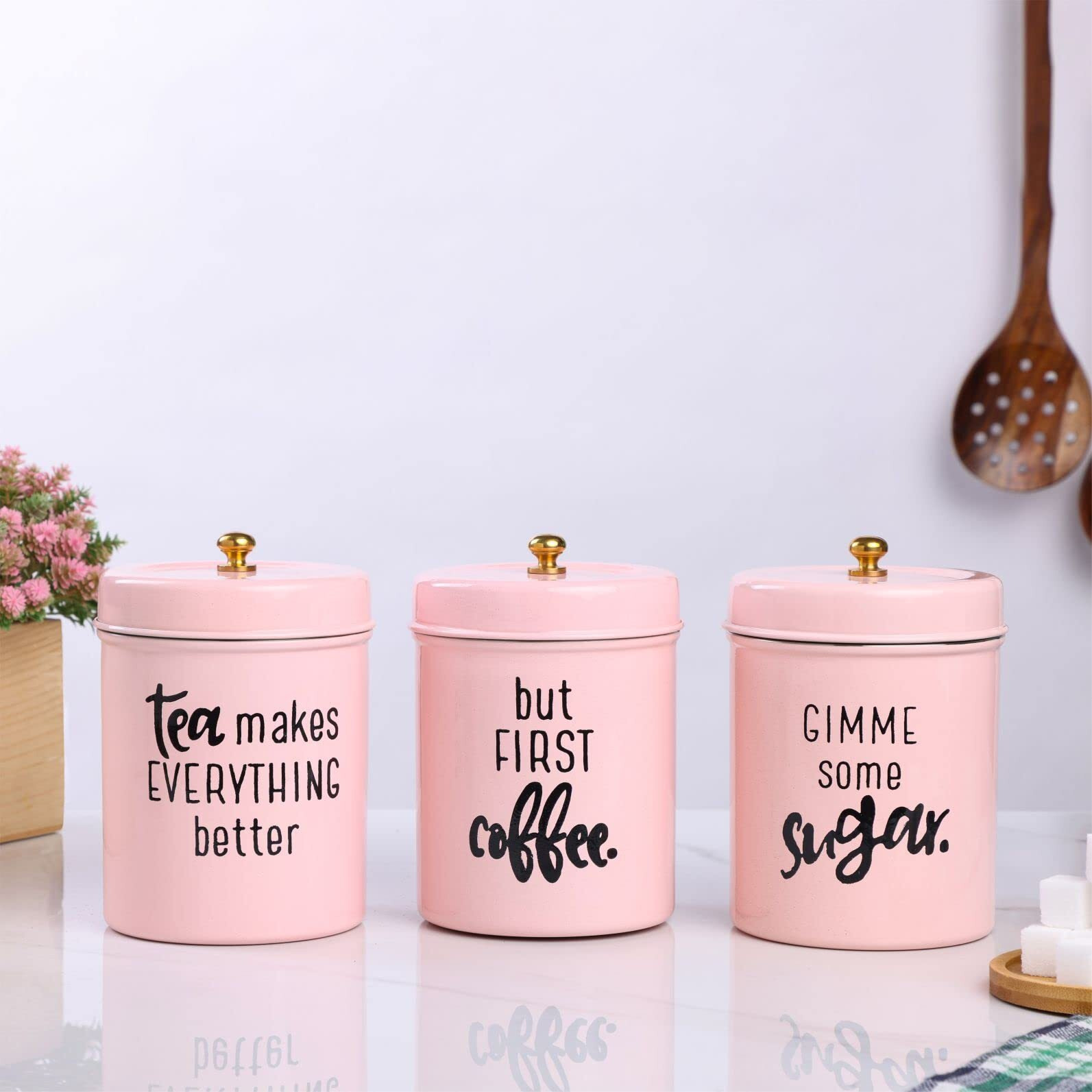 Anantam Homes Colourful Tea Sugar Coffee Container Set Of 3 |Kitchen Counter Top Airtight Stainless Steel Food Storage Canister With Lids For Sugar,Coffee And Tea (Gimme -Light Pink)