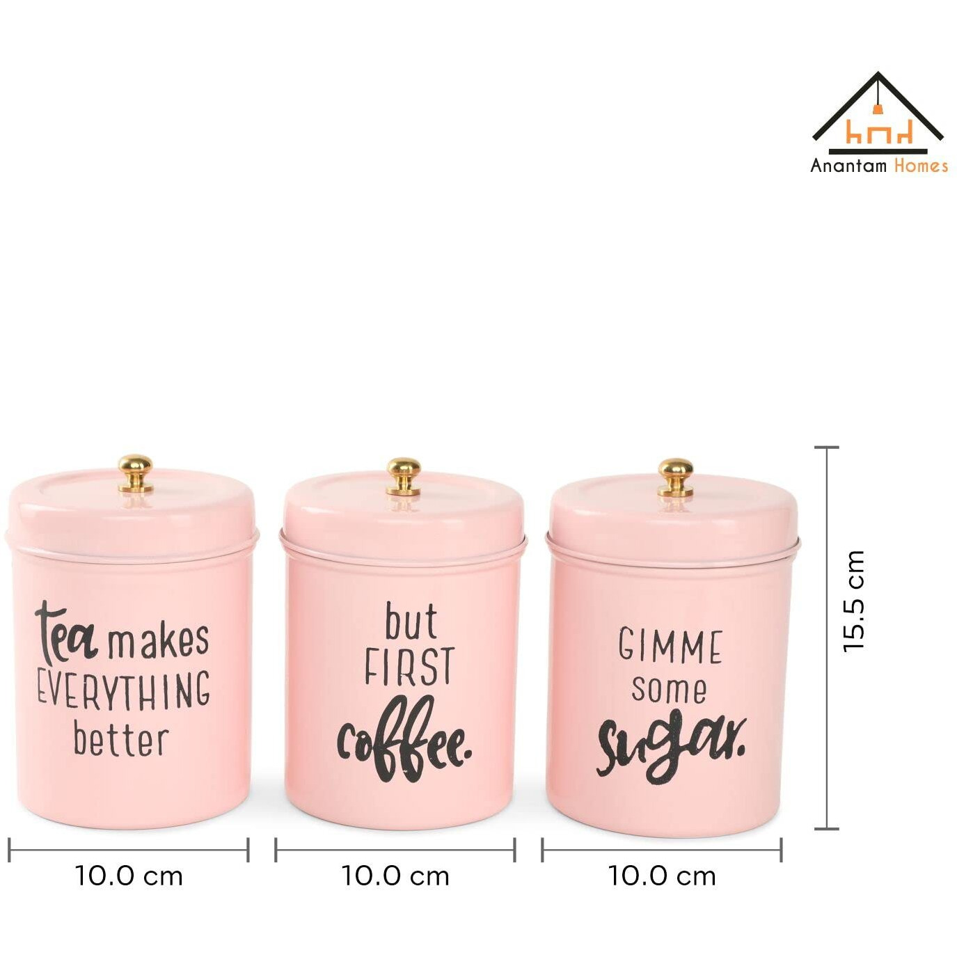 Anantam Homes Colourful Tea Sugar Coffee Container Set Of 3 |Kitchen Counter Top Airtight Stainless Steel Food Storage Canister With Lids For Sugar,Coffee And Tea (Gimme -Light Pink)