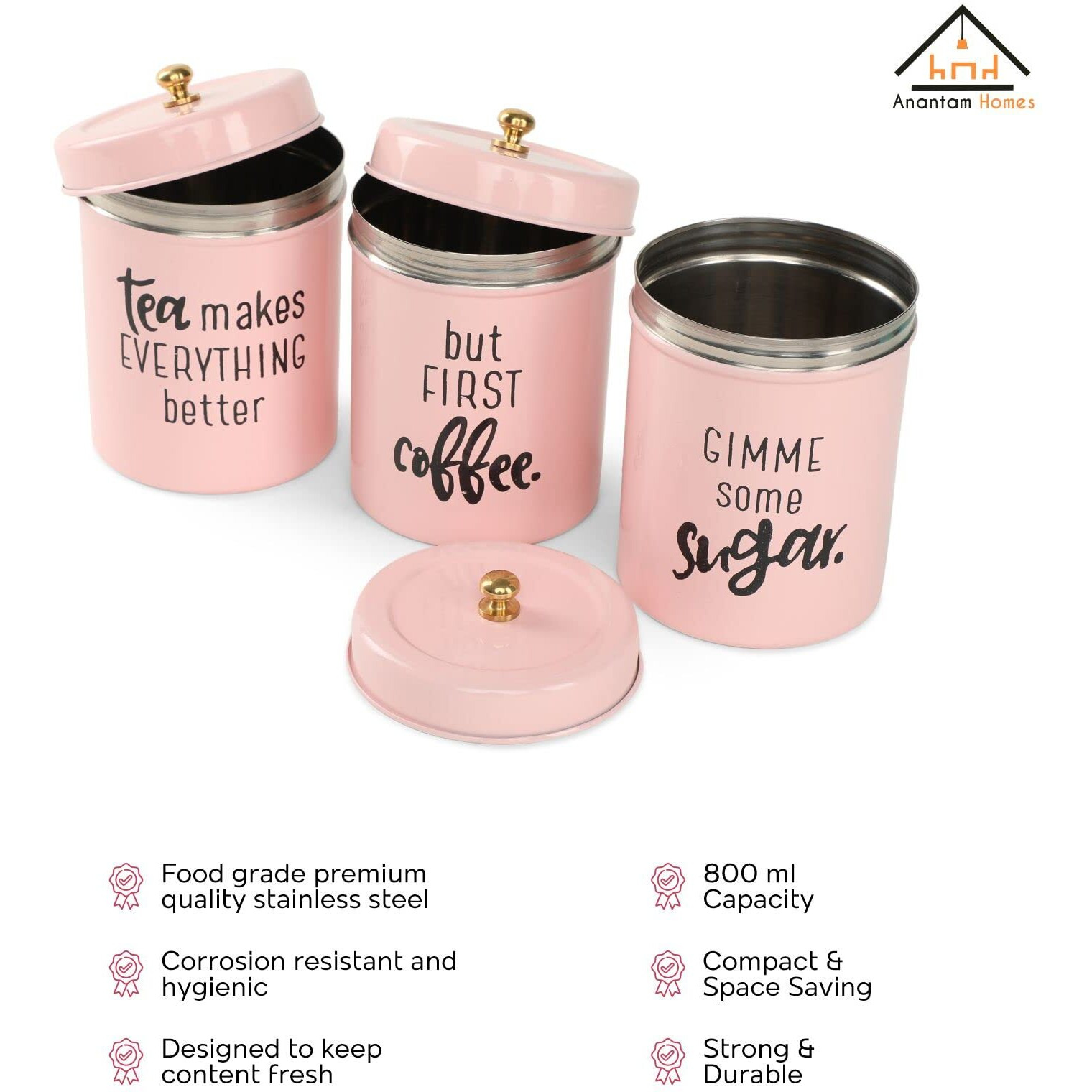 Anantam Homes Colourful Tea Sugar Coffee Container Set Of 3 |Kitchen Counter Top Airtight Stainless Steel Food Storage Canister With Lids For Sugar,Coffee And Tea (Gimme -Light Pink)