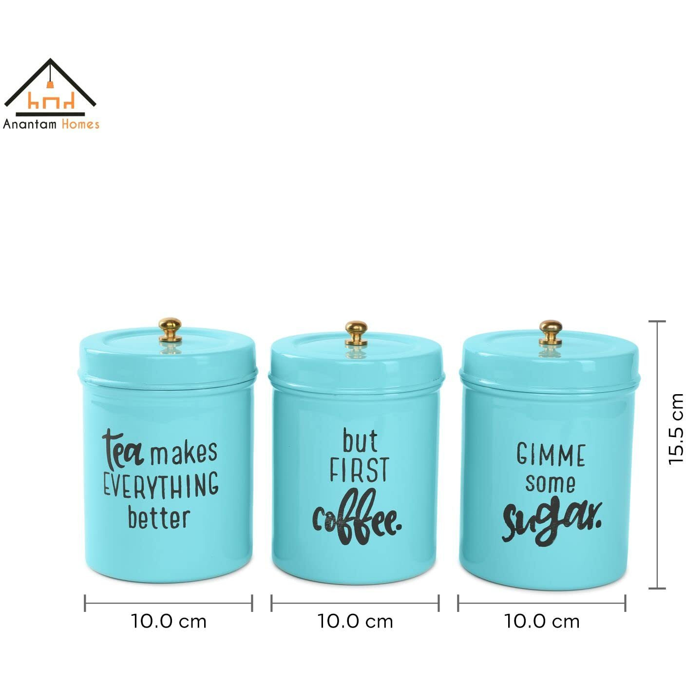 Anantam Homes Airtight Stainless Steel Quoted Canister Set With Lid For Kitchen Counter Top Sugar Coffee Tea Organizer (Set Of 3, Aqua), Blue