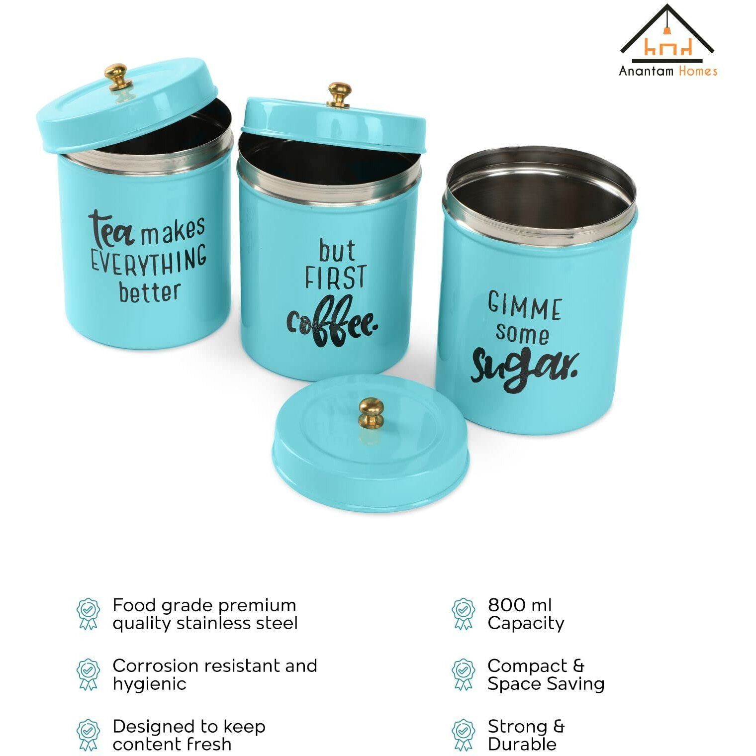 Anantam Homes Airtight Stainless Steel Quoted Canister Set With Lid For Kitchen Counter Top Sugar Coffee Tea Organizer (Set Of 3, Aqua), Blue